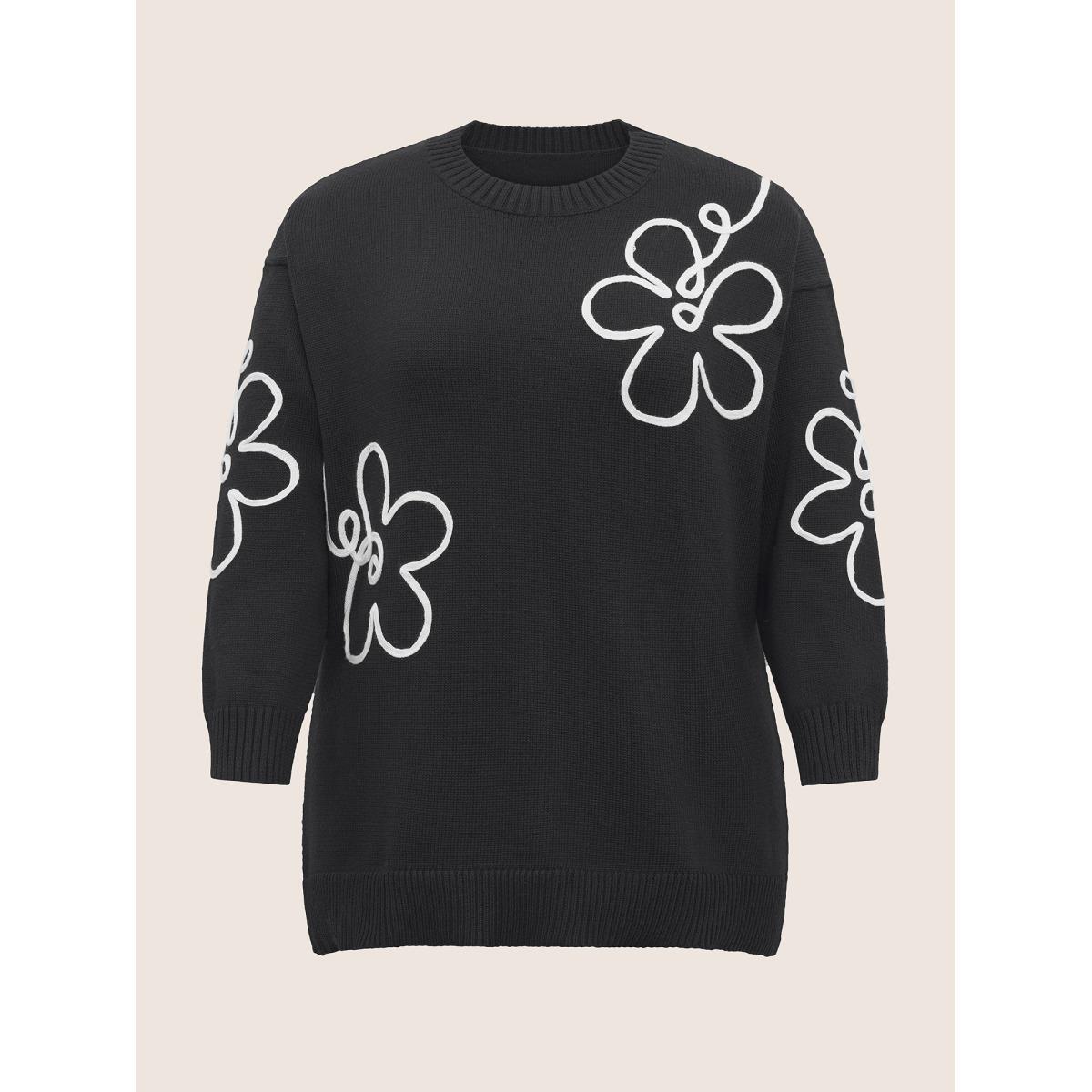 Plus Size Supersoft Essentials Floral Embroidered Crew Neck Pullover Black Women Casual Loose Long Sleeve Round Neck Everyday Pullovers BloomChic 30/6X Product Image