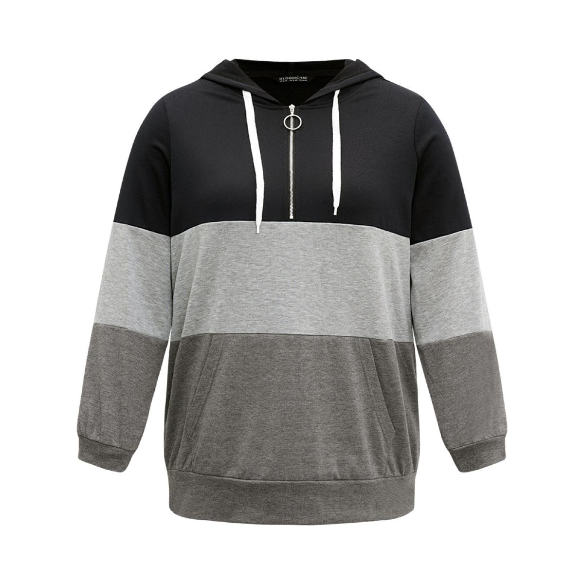 Plus Size Colorblock Contrast Half Zip Hooded Sweatshirt Women DimGray Casual Elastic cuffs Hooded Dailywear Sweatshirts BloomChic 18-20/2X Product Image