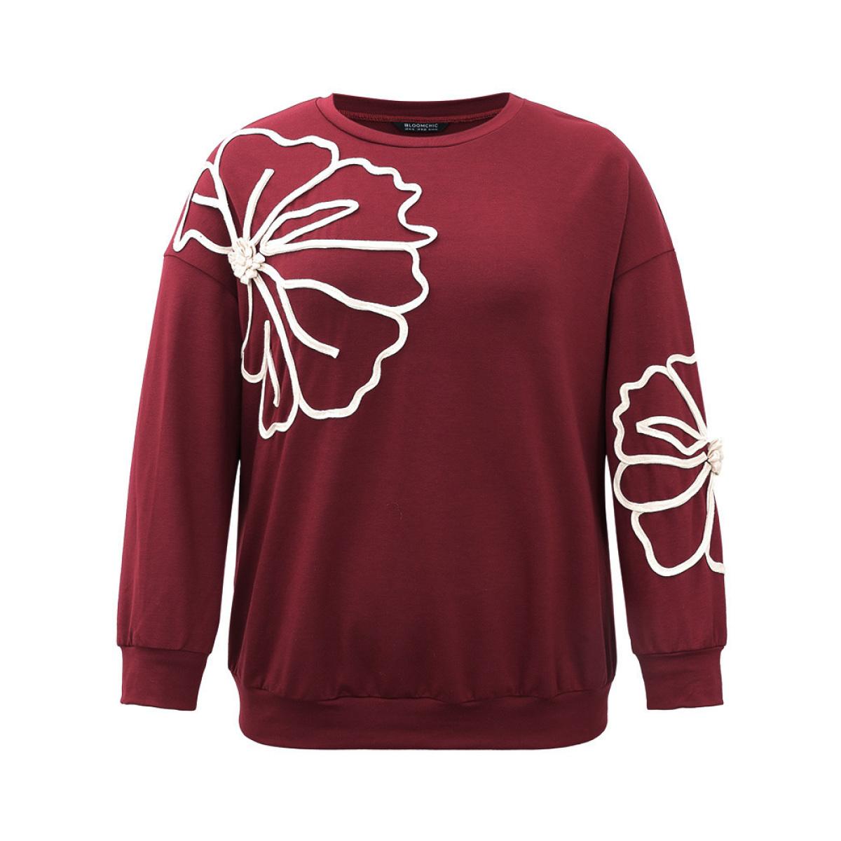 Plus Size 3D Floral Applique Drop Shoulder Sweatshirt Women Burgundy Elegant Contrast Round Neck Dailywear Sweatshirts BloomChic 26/4X Product Image