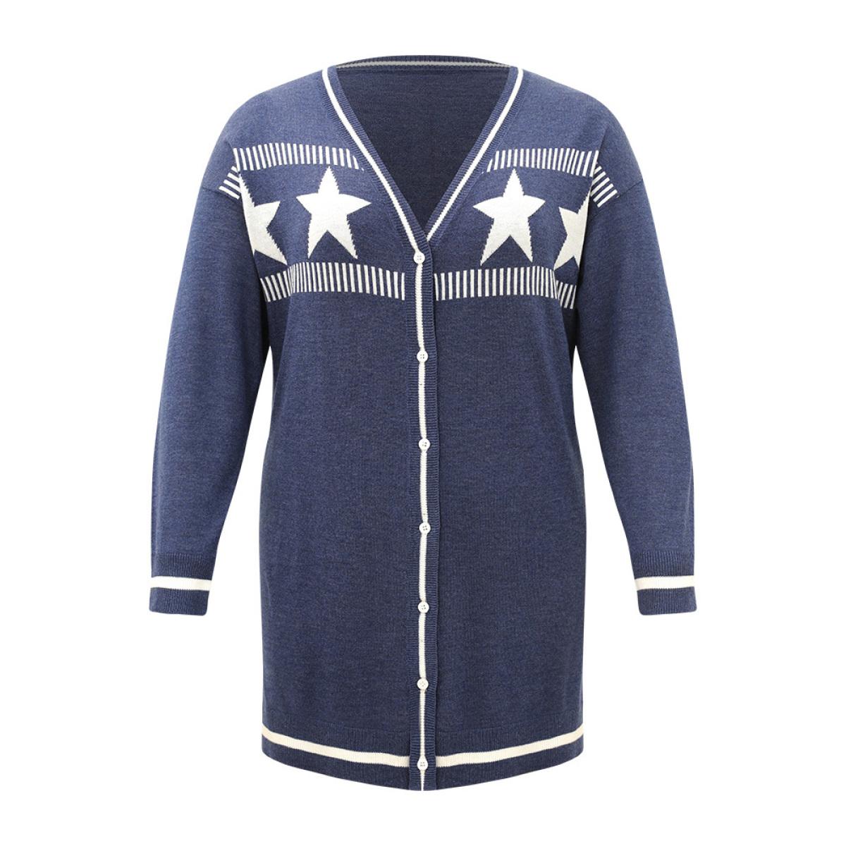 Plus Size Supersoft Essentials Star Contrast Trim Button Through Cardigan Aegean Women Casual Loose Long Sleeve Dailywear Cardigans BloomChic 30/6X Product Image