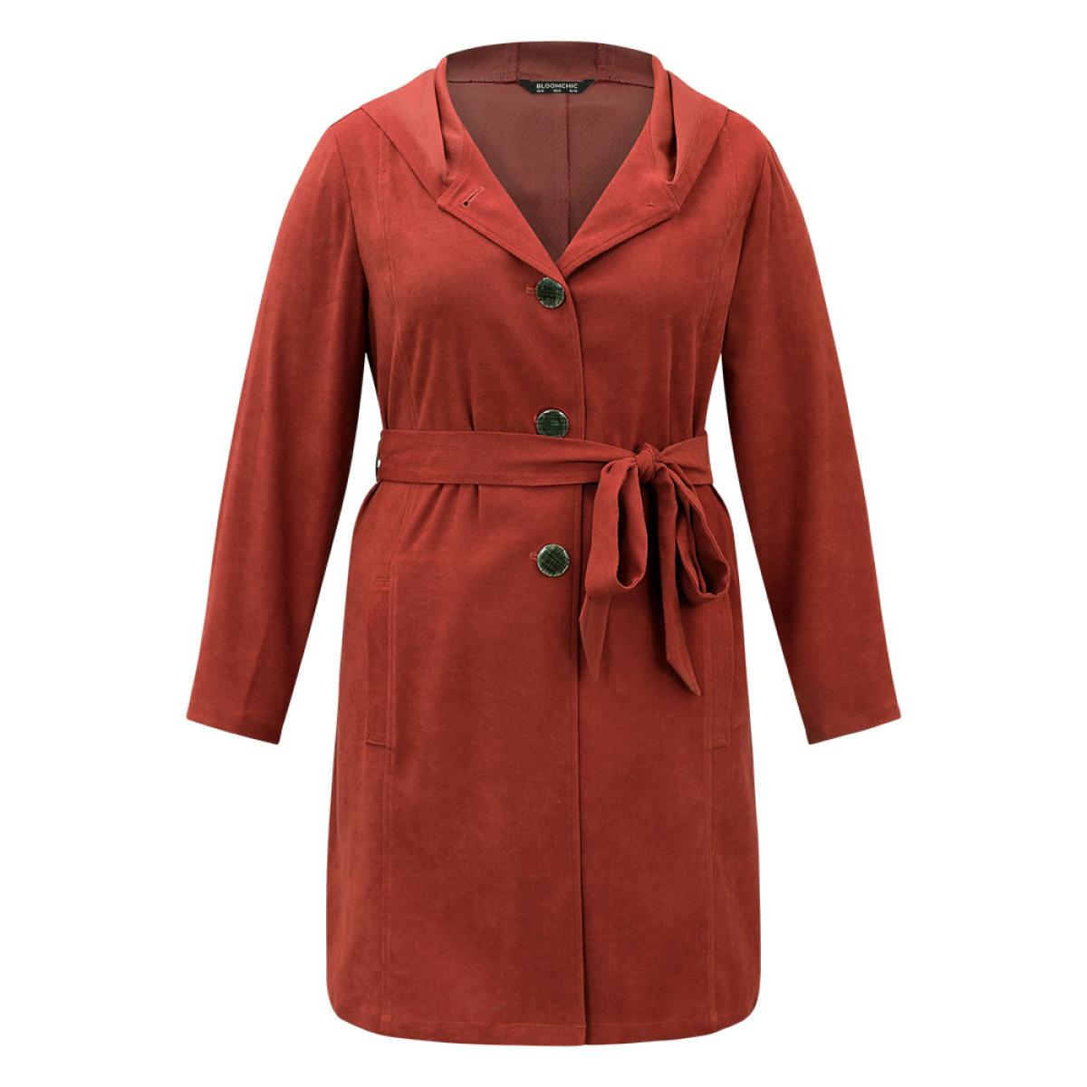 Plus Size Solid Belted Button Up Hooded Coat Women Russet Casual Plain Ladies Dailywear Winter Coats BloomChic 22-24/3X Product Image