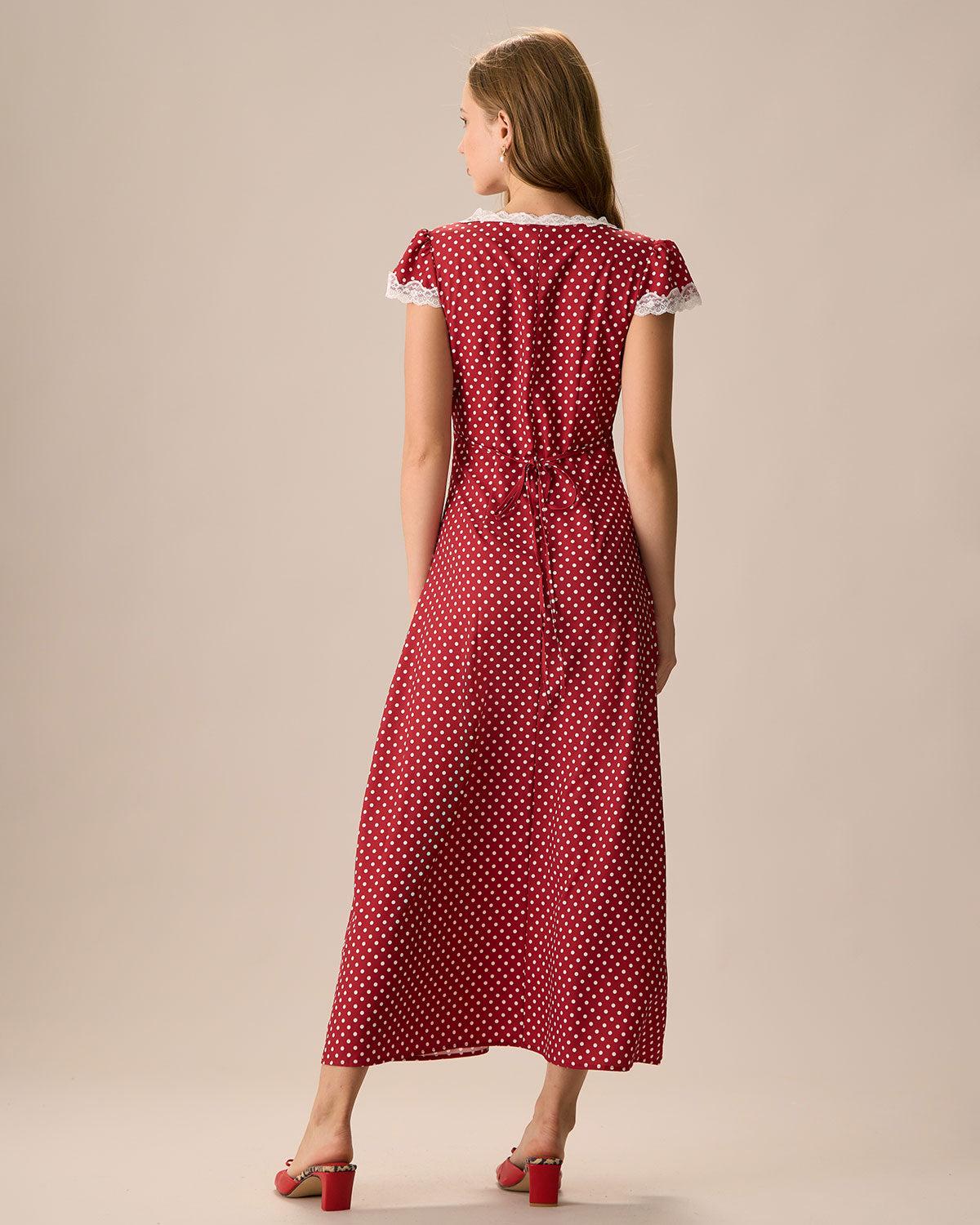 The Red V Neck Polka Dot Lace Ruched Maxi Dress Product Image