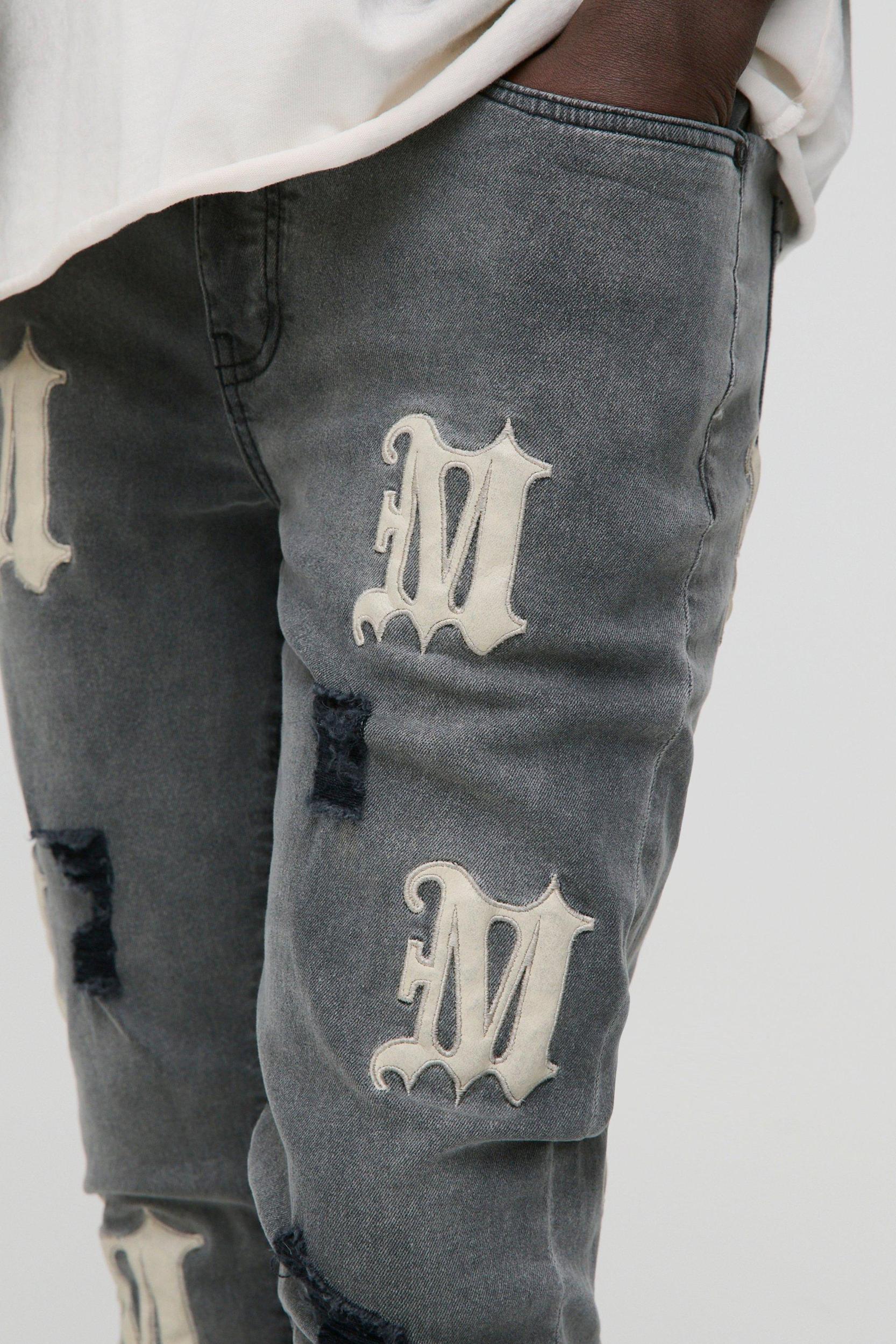 Skinny PU Applique Washed Denim Jeans | boohooMAN USA Product Image