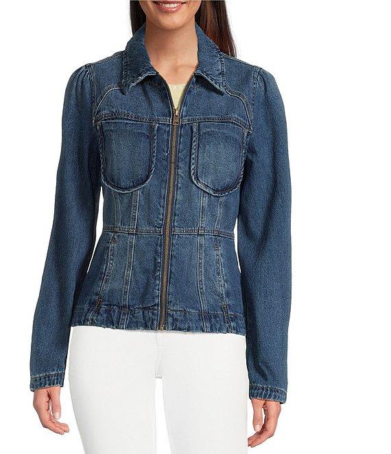 Democracy Point Collar Long Sleeve Peplum Denim Jacket Product Image