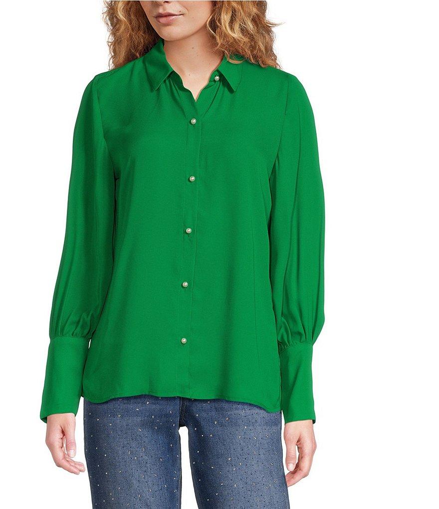 CeCe Heavy Georgette Point Collar Long Sleeve Pearl Button Front Shirt Product Image