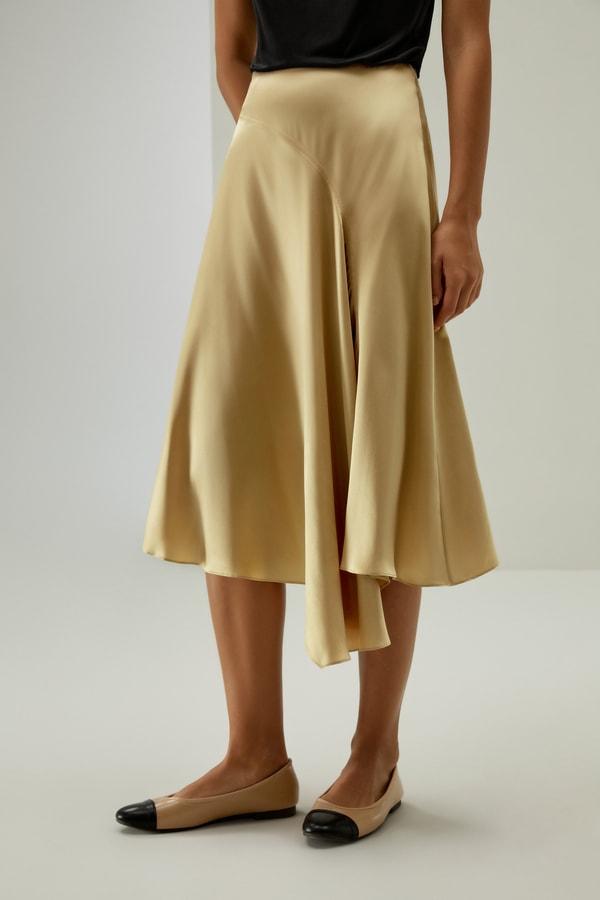 LILYSILK Women's Asymmetrical Silk Skirt, Cherry Red, Size 6, Elegant Flared Hem, Calf-Length, Side Zipper Product Image