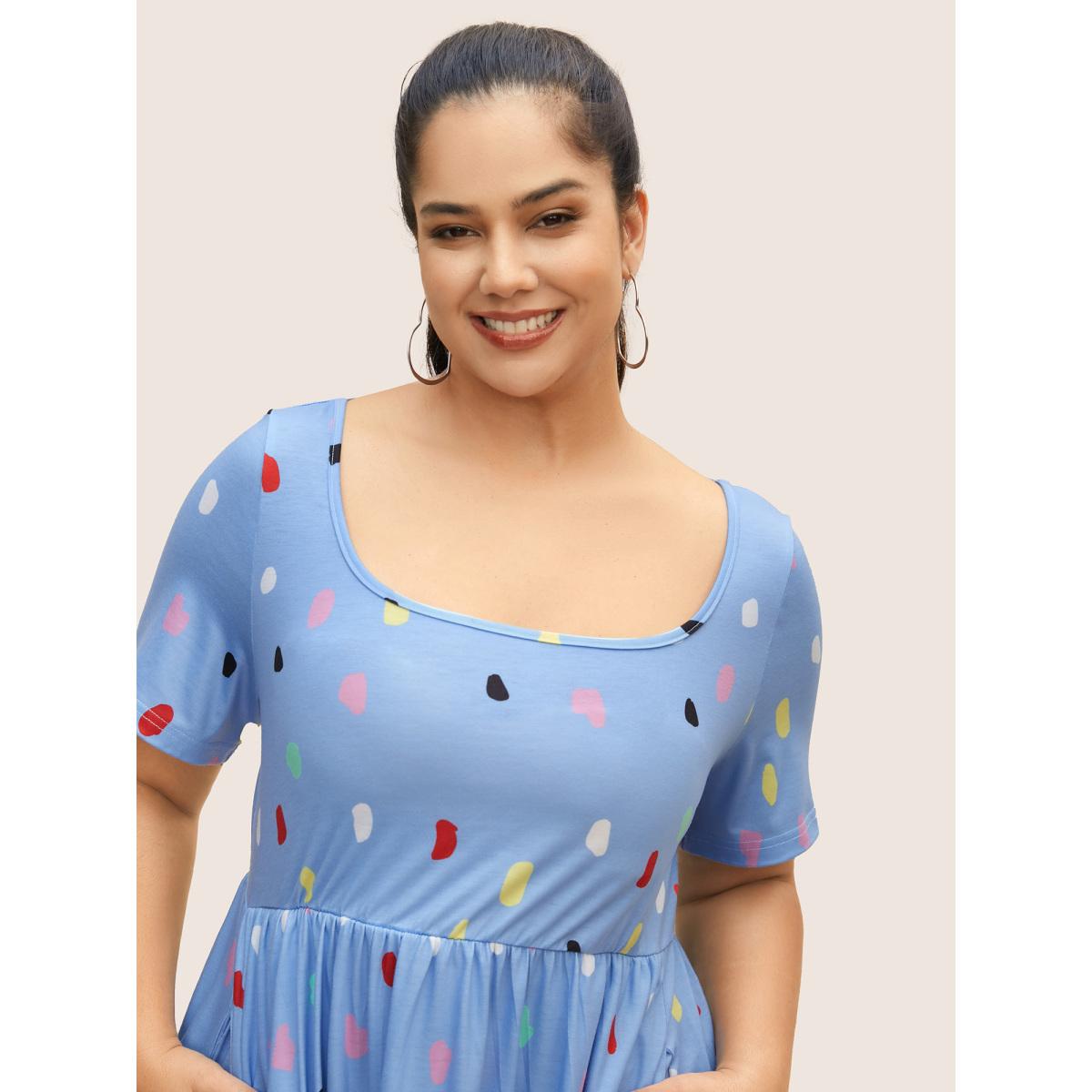 Plus Size Polka Dot Square Neck Slit Hem Dress Skyblue Women Casual Slit Square Neck Short sleeve Curvy BloomChic 26/4X Product Image