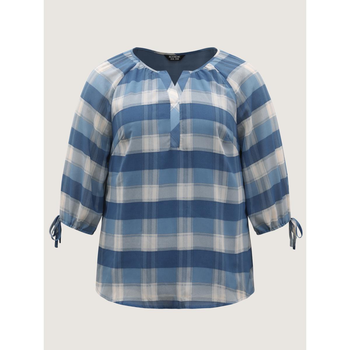Plus Size Mediumblue Plaid Print Notched Collar Blouse Women Leisure Elbow-length sleeve Flat collar with V-notch Casual Blouses BloomChic 12/L Product Image