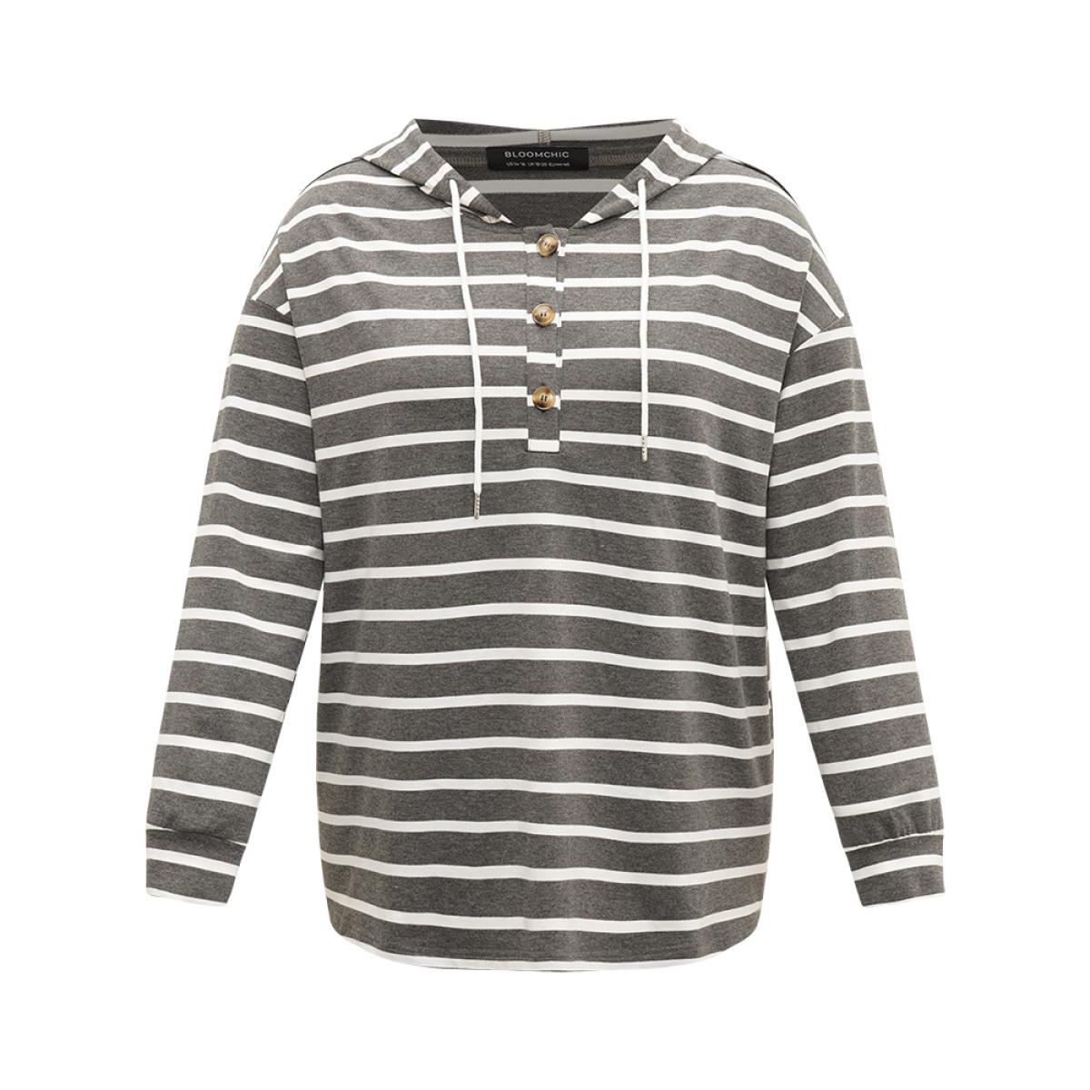 Plus Size Striped Button Up Hooded Sweatshirt Women Gray Casual Button Hooded Dailywear Sweatshirts BloomChic 10/M Product Image