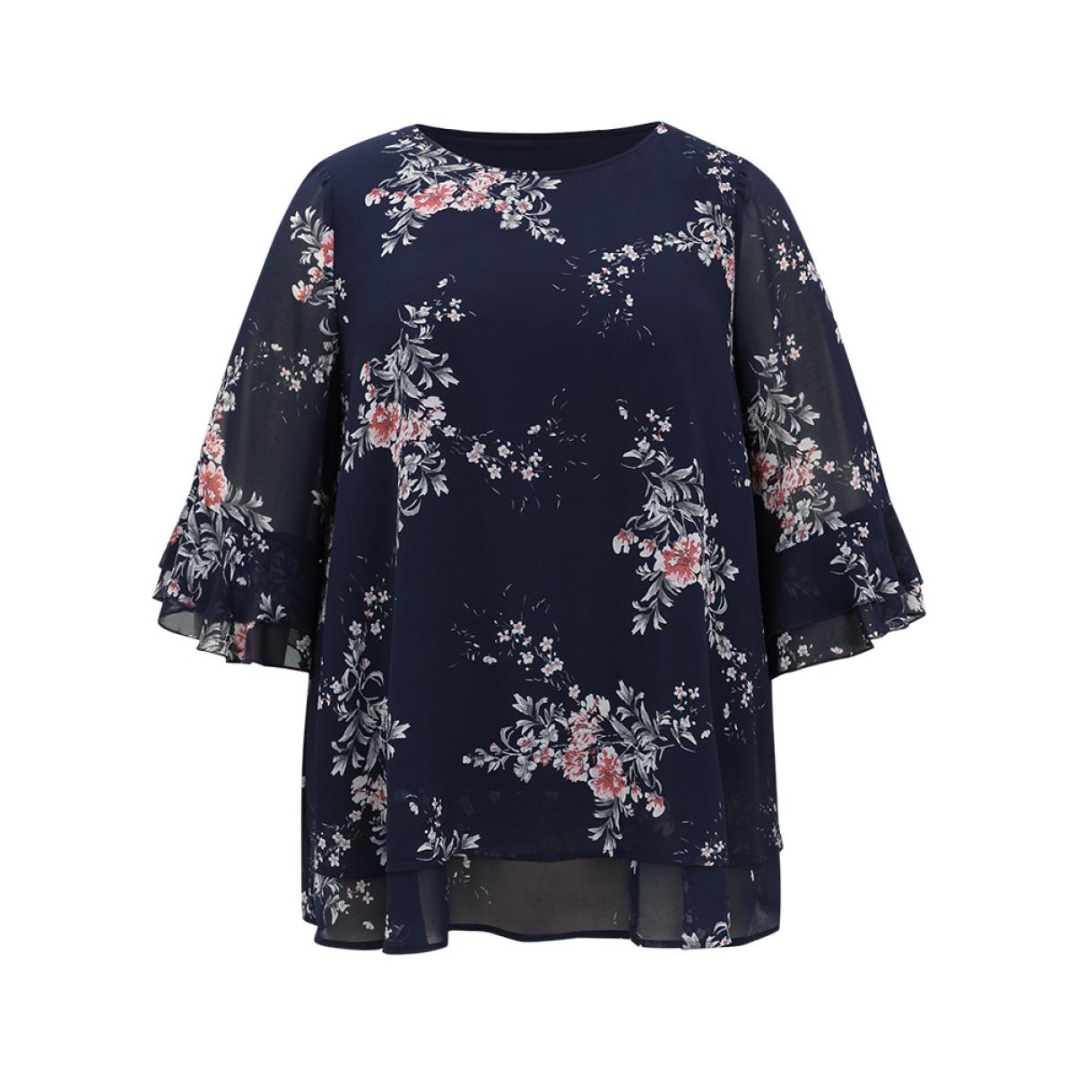 Plus Size Indigo Floral Chiffon Ruffle Sleeve Mesh Patchwork Blouse Women Elegant Elbow-length sleeve Round Neck Everyday Blouses BloomChic 10/M Product Image