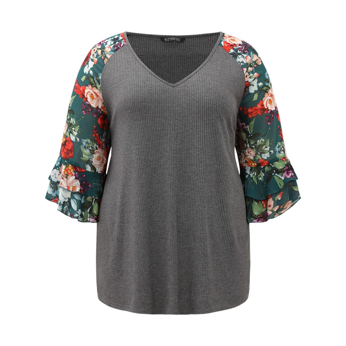 Plus Size Floral Patchwork Flutters Raglan Sleeve T-shirt DimGray Women Elegant Printed Floral V-neck Dailywear T-shirts BloomChic 28/5X Product Image