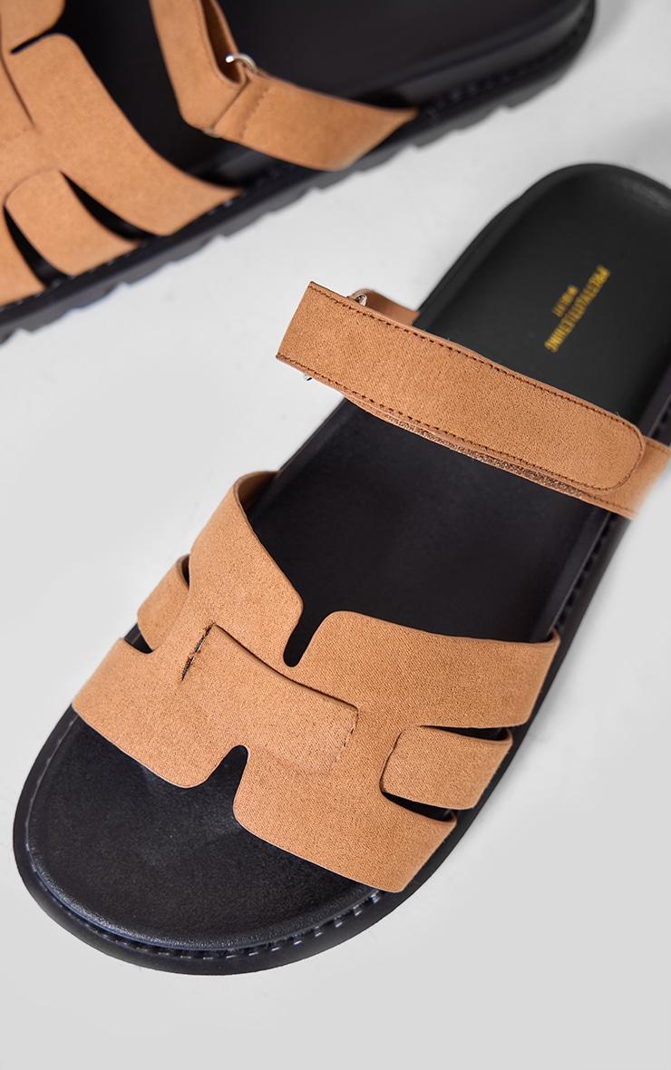 Beige Wide Fit Faux Suede Round Toe Velcro Strap Chunky Sandals Product Image