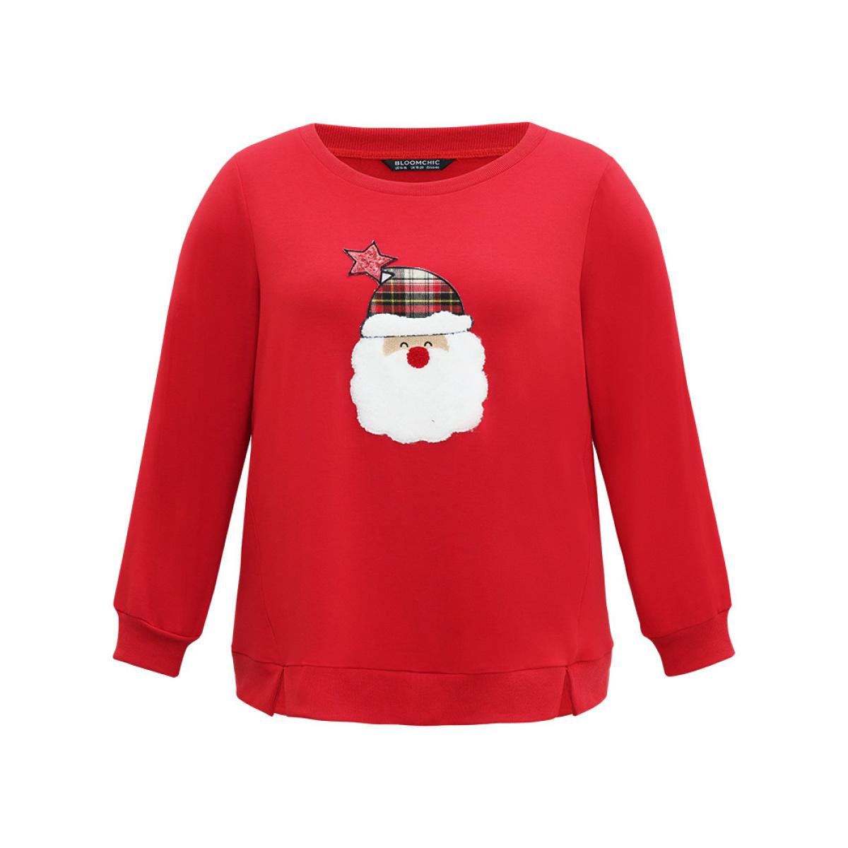 Plus Size Santa Claus Graphic Split Detail Sweatshirt Women Red Casual Rib Knit Festival-Christmas Sweatshirts BloomChic 12/L Product Image