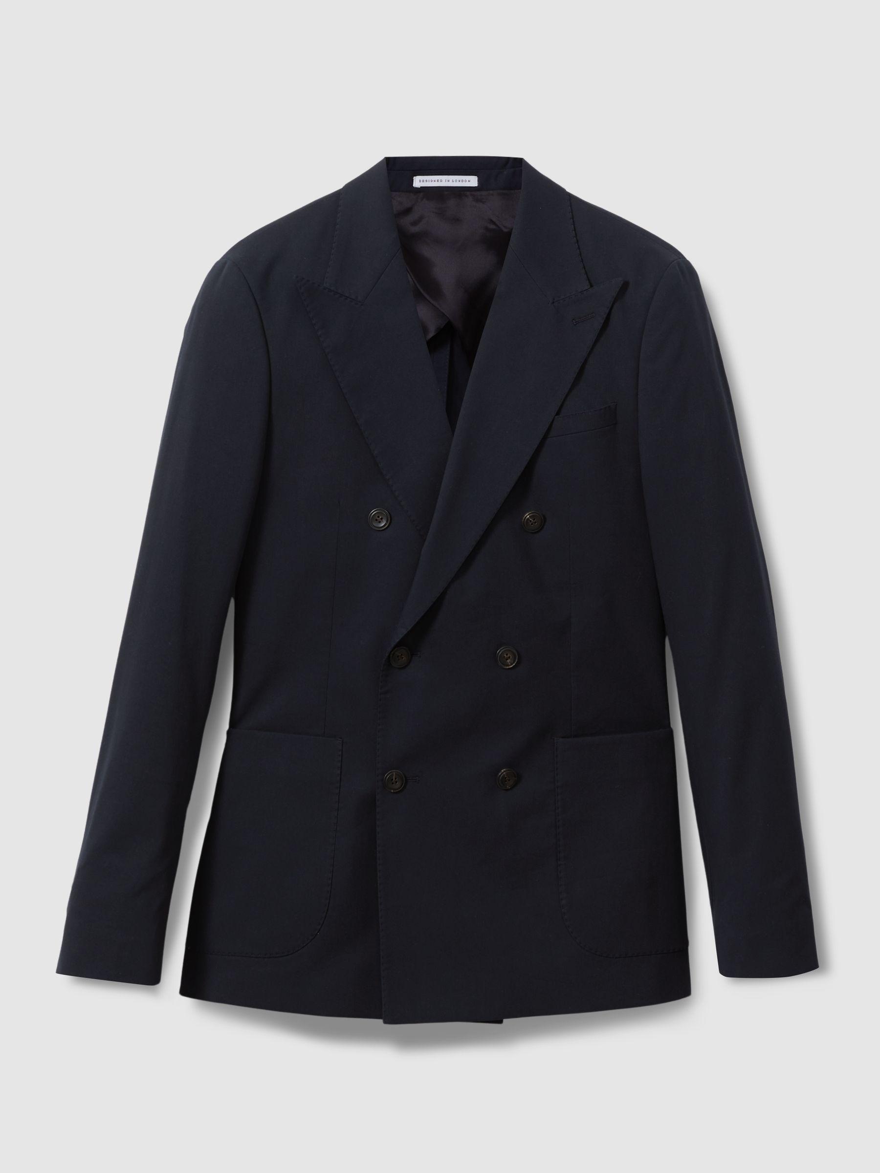Double Breasted Cotton Blend Blazer in Navy Product Image