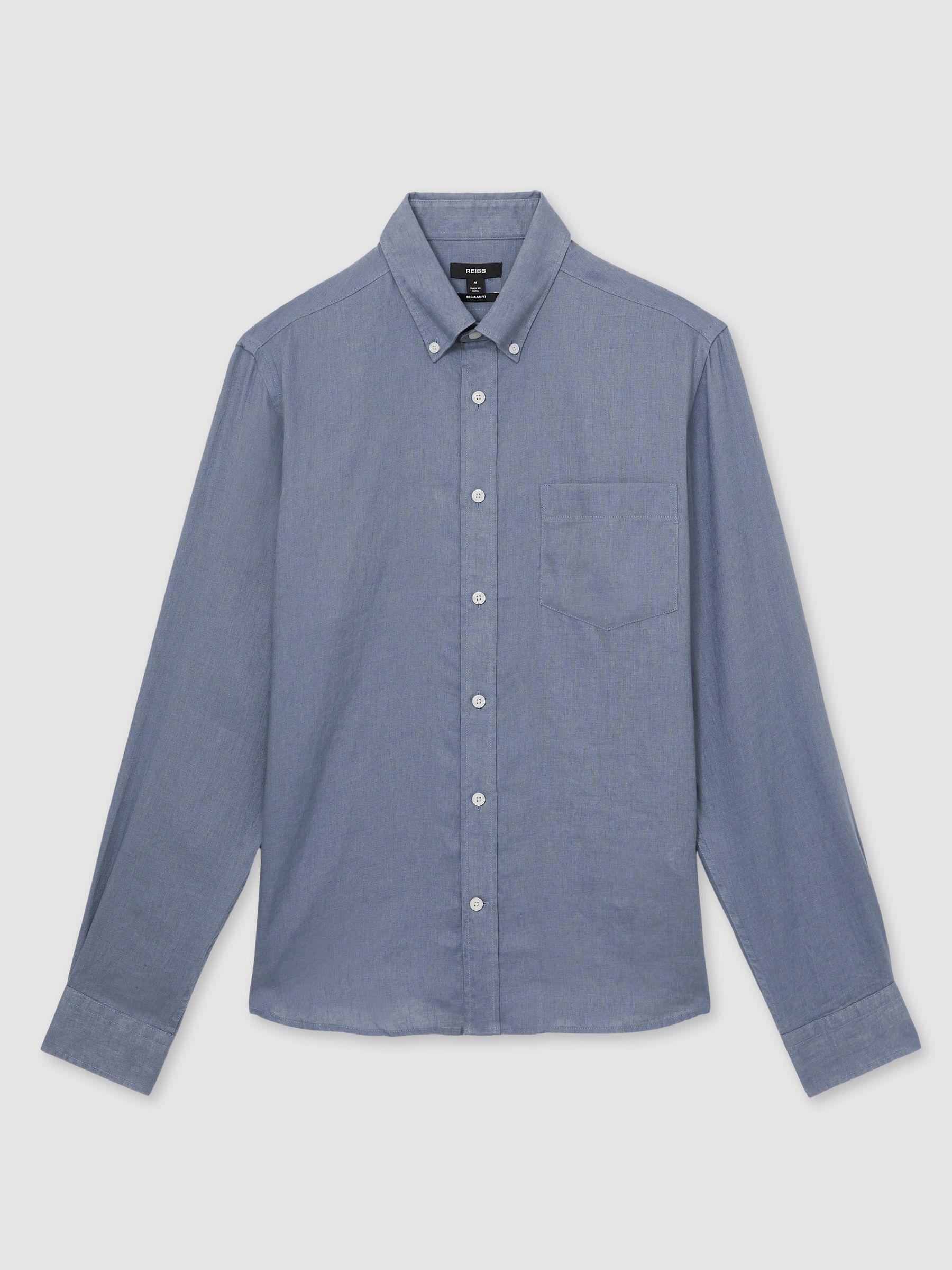 Linen Button-Through Shirt in Airforce Blue Product Image