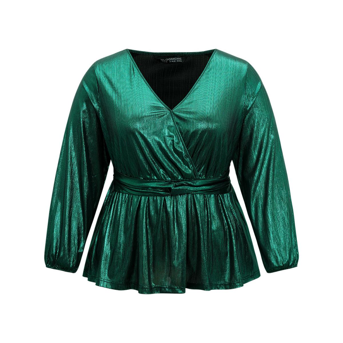 Plus Size Emerald Solid Wrap Twist Front Gathered Blouse Women Glamour Long Sleeve Overlap Collar Festival-Christmas Blouses BloomChic 26/4X Product Image
