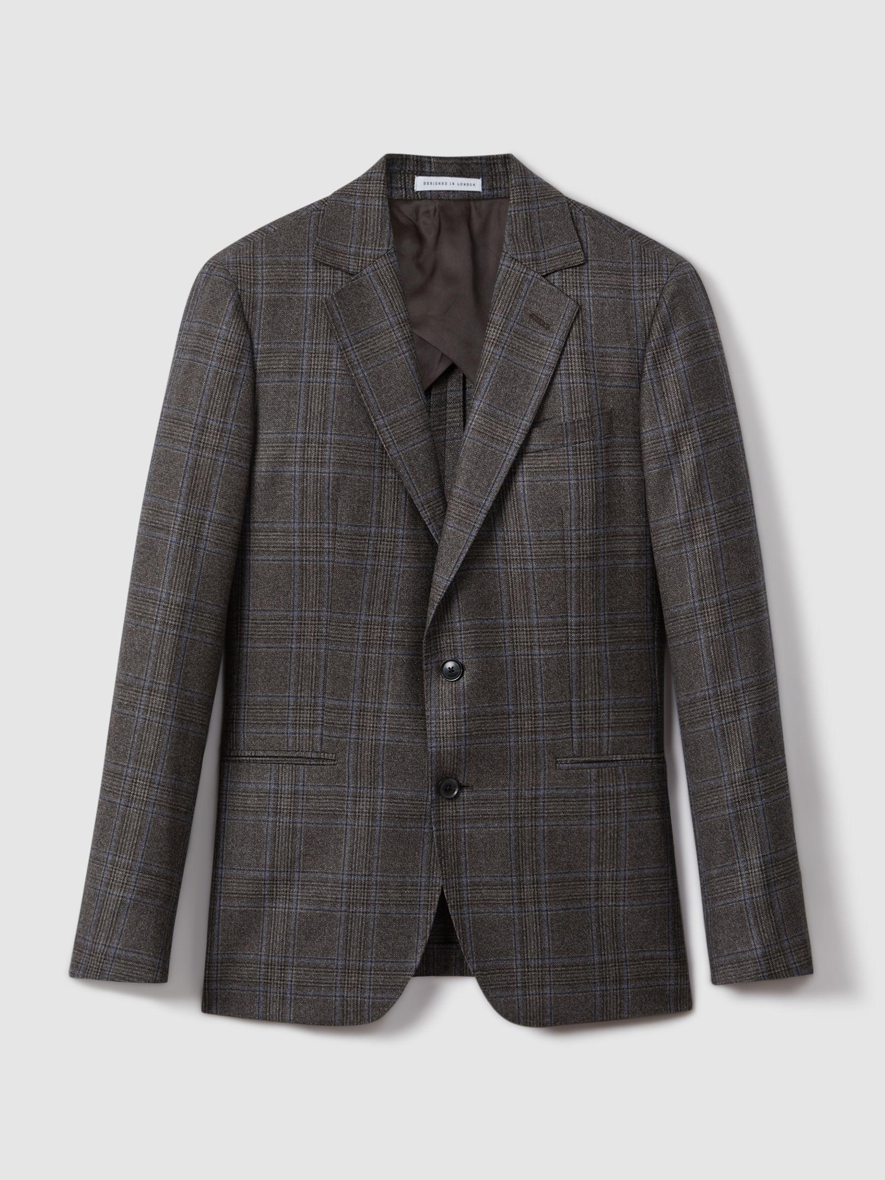 Slim Fit Wool Single Breasted Check Blazer in Brown Multi Product Image