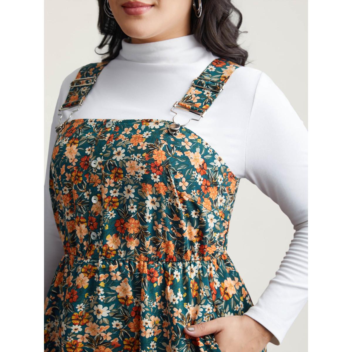 Plus Size Ditsy Floral Adjustable Straps Elastic Waist Dress Teal Women Leisure Gathered Non Sleeveless Curvy BloomChic 12/L Product Image