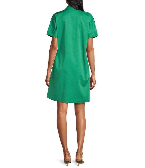 Ming Wang Floral Printed Stretch Cotton V-Neck Short Sleeve A-Line Dress Product Image
