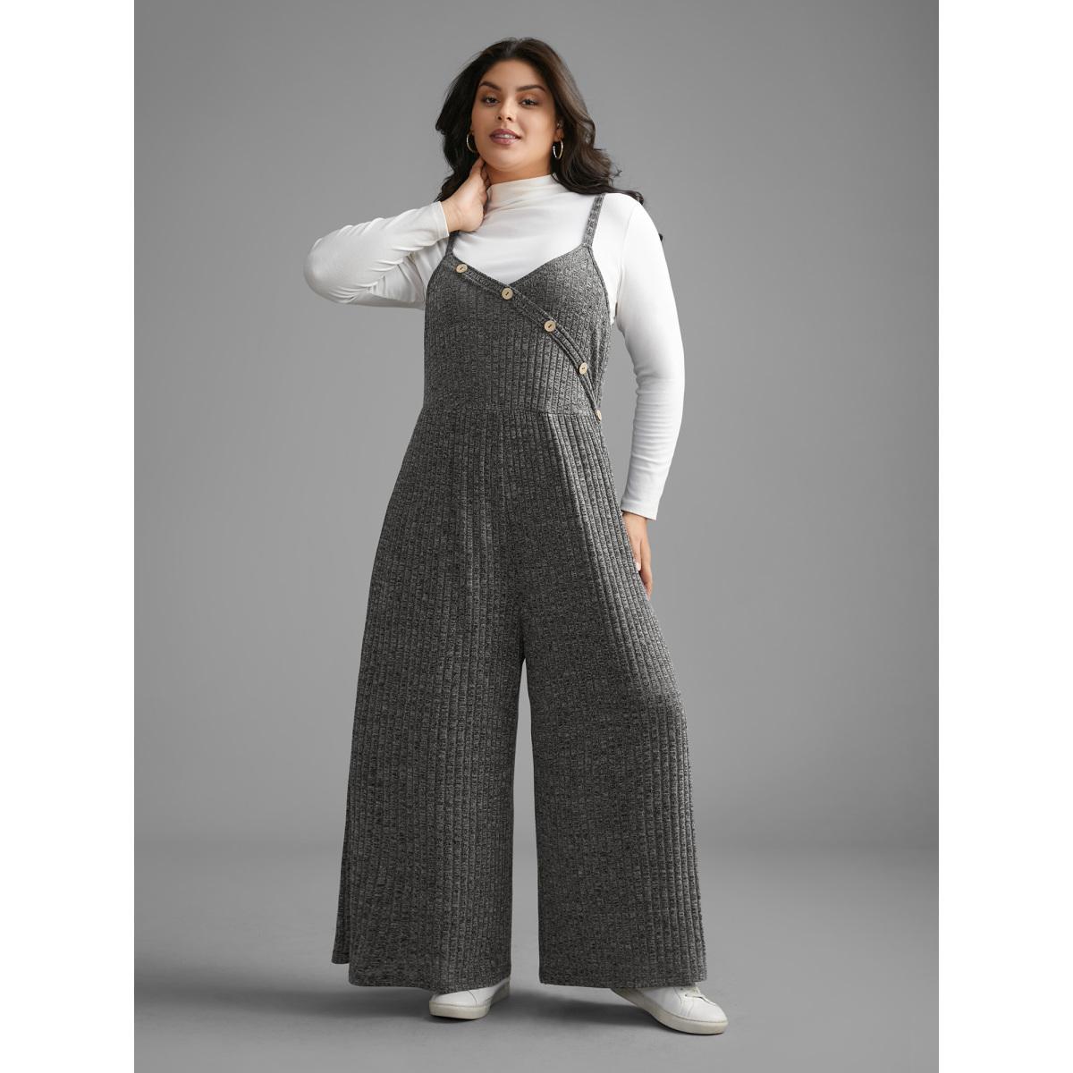 Plus Size DimGray Plain Rib Knit Button Detail Jumpsuit Women Casual Sleeveless Heart neckline Everyday Loose Jumpsuits BloomChic 22-24/3X Product Image