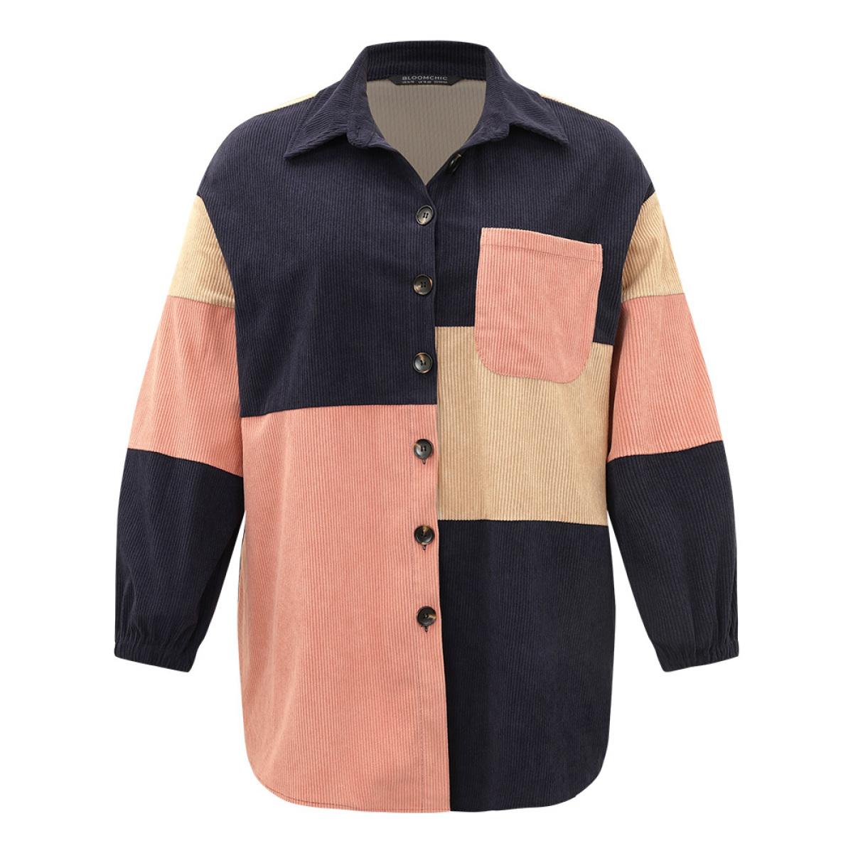 Plus Size Colorblock Contrast Patchwork Pocket Button Through Jacket Women DarkBlue Pocket Dailywear Jackets BloomChic 26/4X Product Image