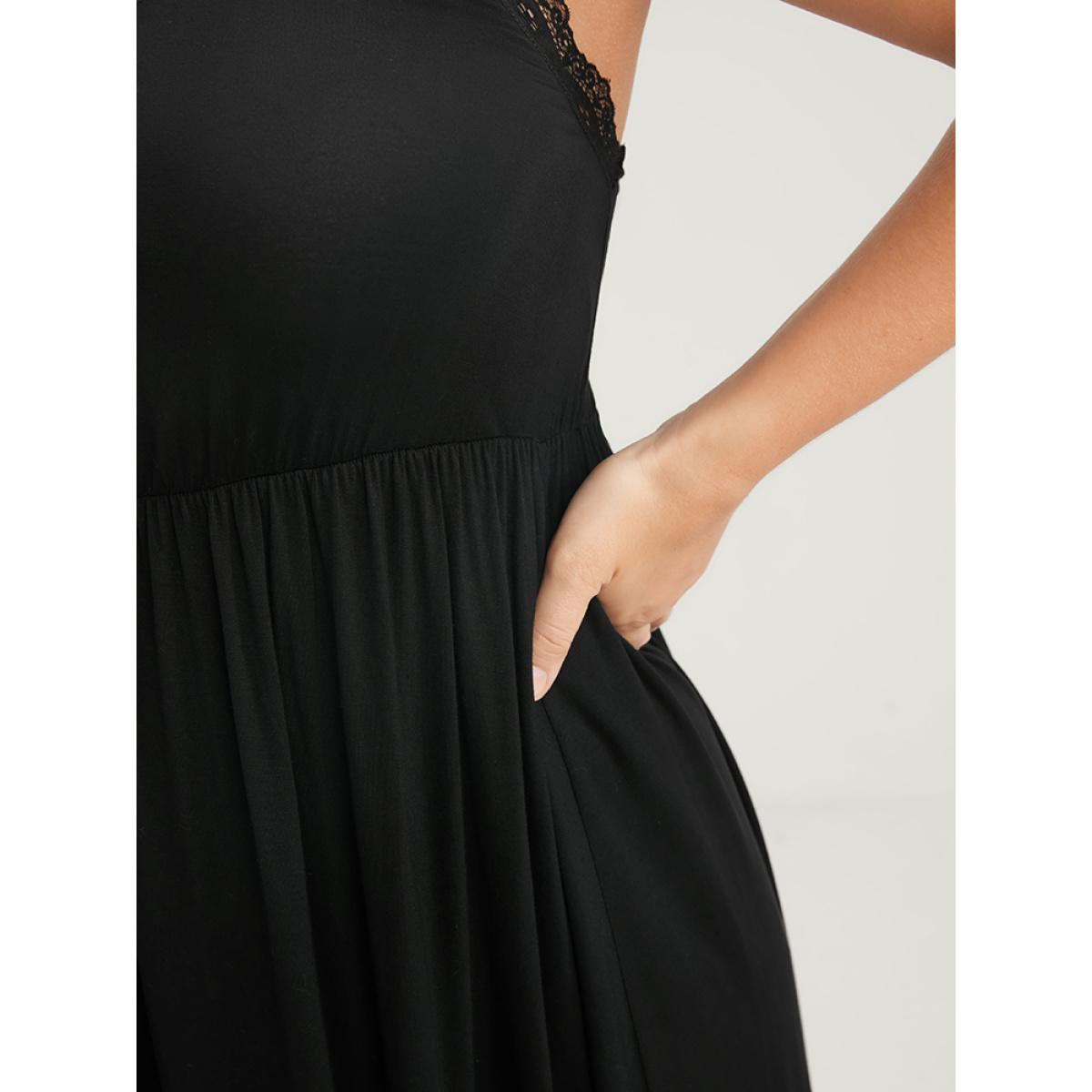 Plus Size Solid Lace Trim Backless Spaghetti Strap Dress Women Black Elegant Plain Lace V-neck Loungewear BloomChic 10/M Product Image