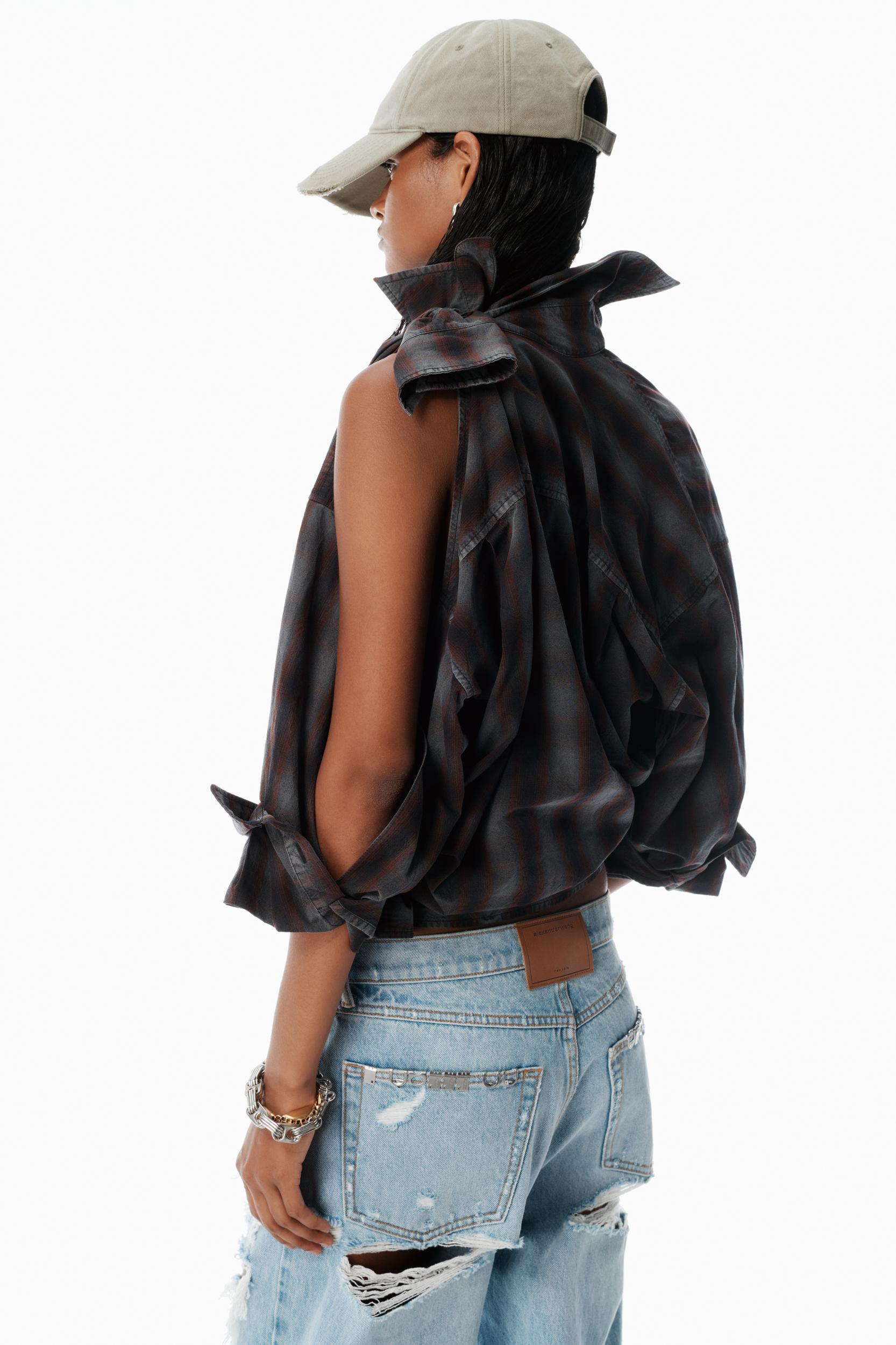 Red Plaid Asymmetric Button Up Shirt Product Image