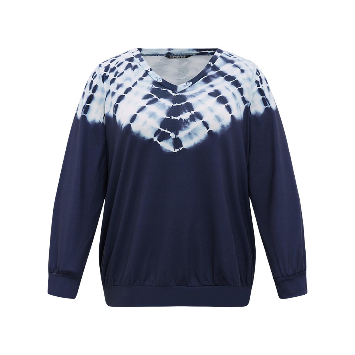 Plus Size Tie Dye V Neck Elastic Cuffs Contrast Sweatshirt Women Indigo Casual Elastic cuffs V-neck Dailywear Sweatshirts BloomChic 28/5X Product Image