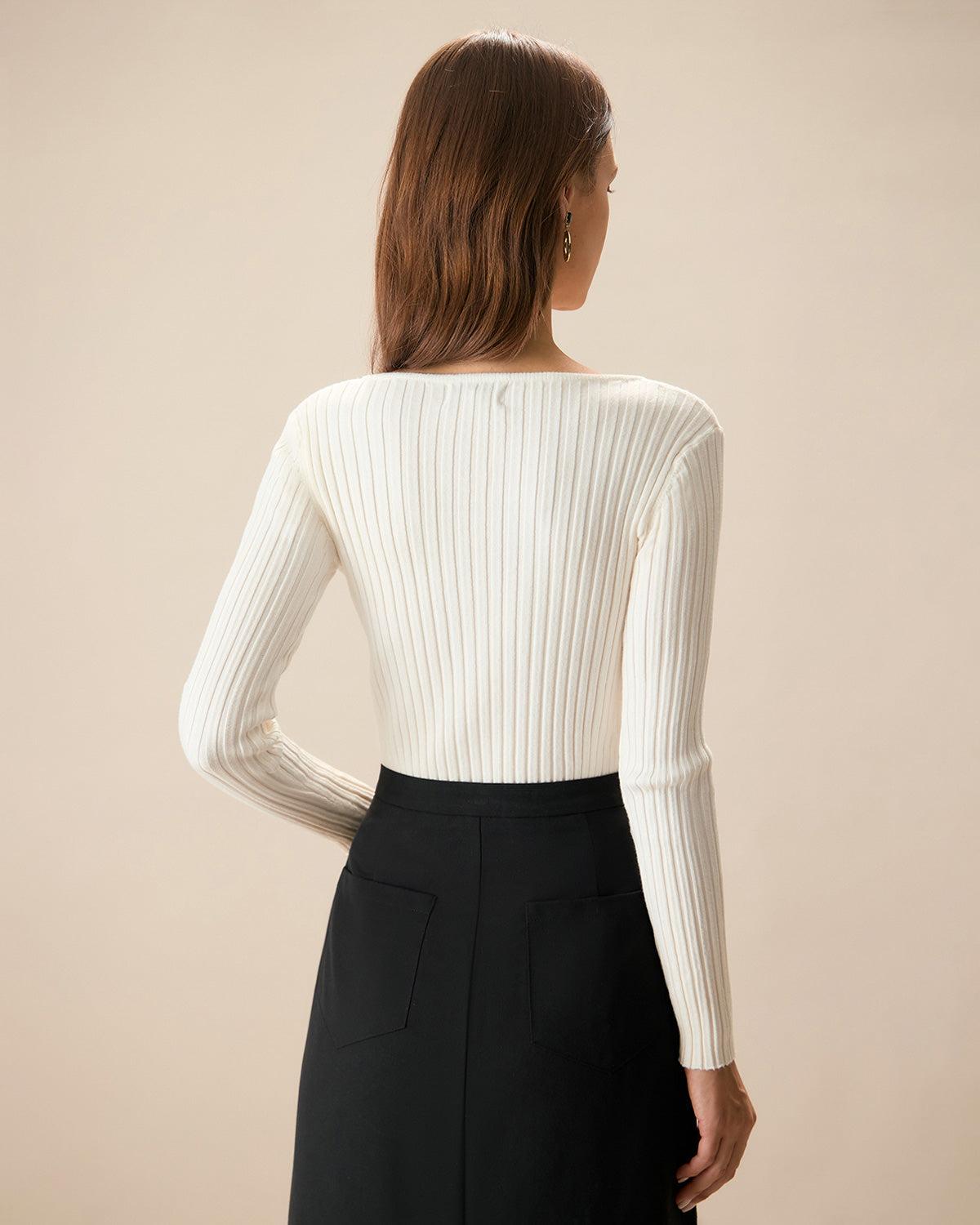 The White V Neck Teardrop Ribbed Knit Top Product Image