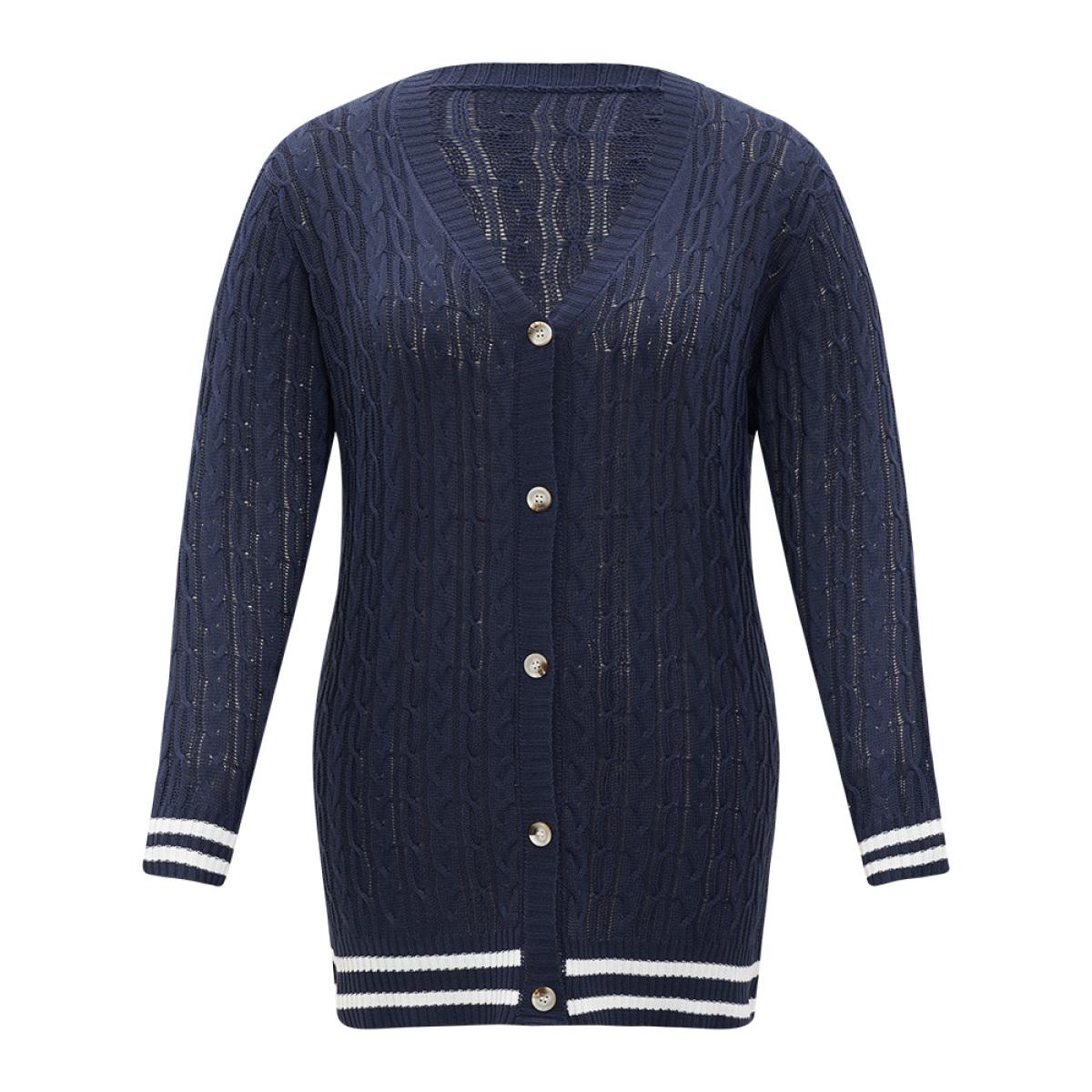Plus Size Cable Knit Striped Patchwork Button Through Cardigan Indigo Women Casual Loose Long Sleeve Dailywear Cardigans BloomChic 30/6X Product Image