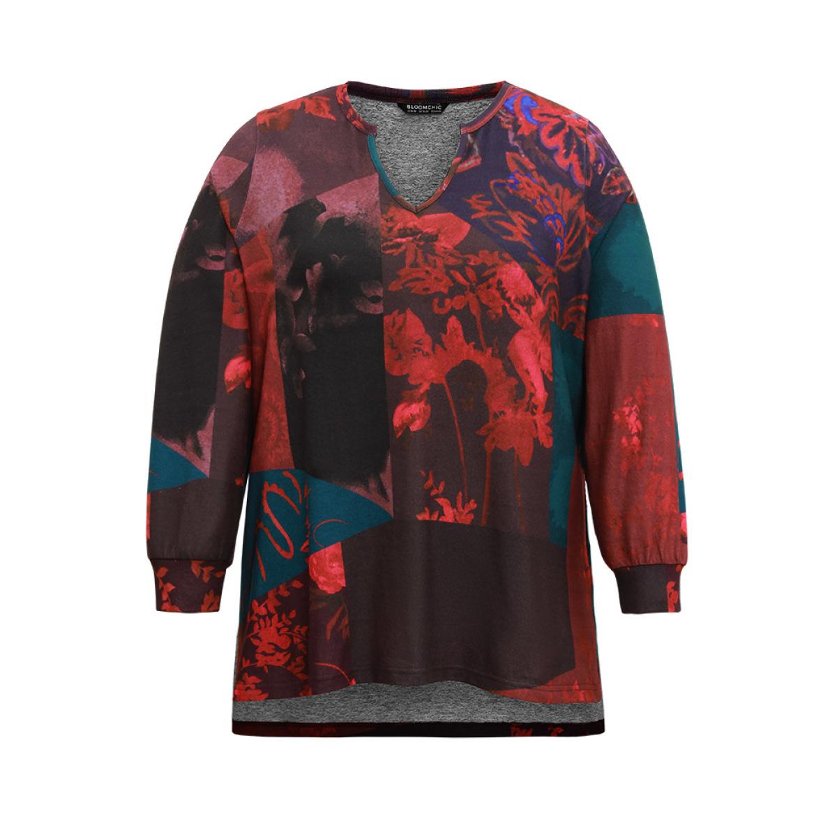 Plus Size Floral Print Contrast Notched Sweatshirt Women Multicolor Casual Printed Notched collar Dailywear Sweatshirts BloomChic 26/4X Product Image