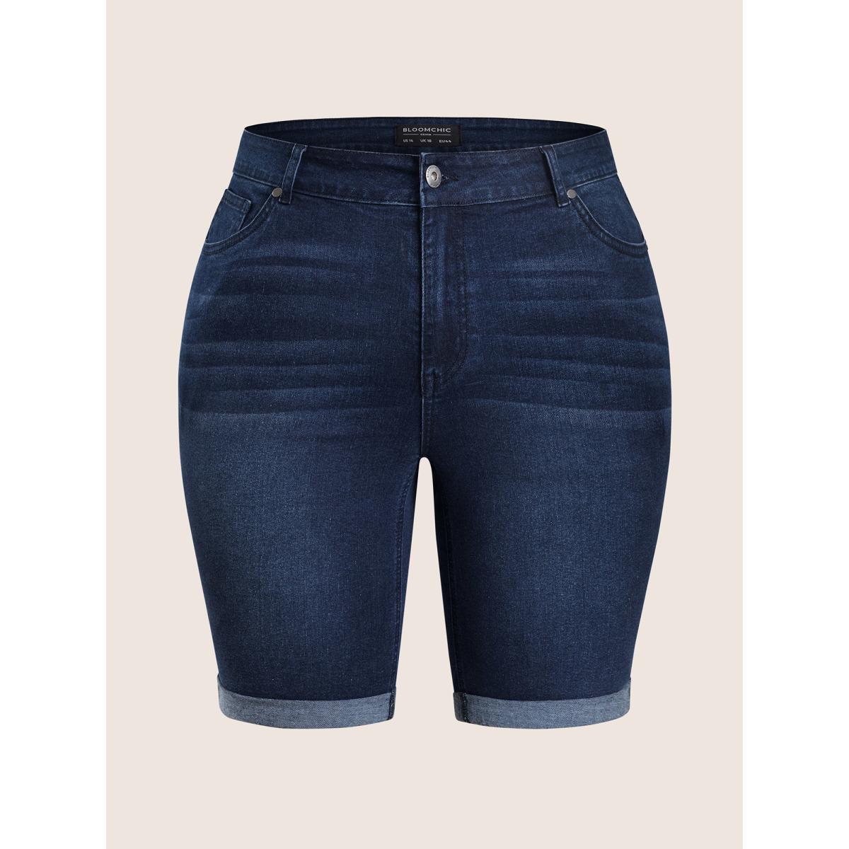Plus Size Dark Wash Zipper Fly Roll Hem Denim Shorts Women Indigo Non High stretch Everyday Slanted pocket Casual Denim Shorts BloomChic 14/1X Product Image