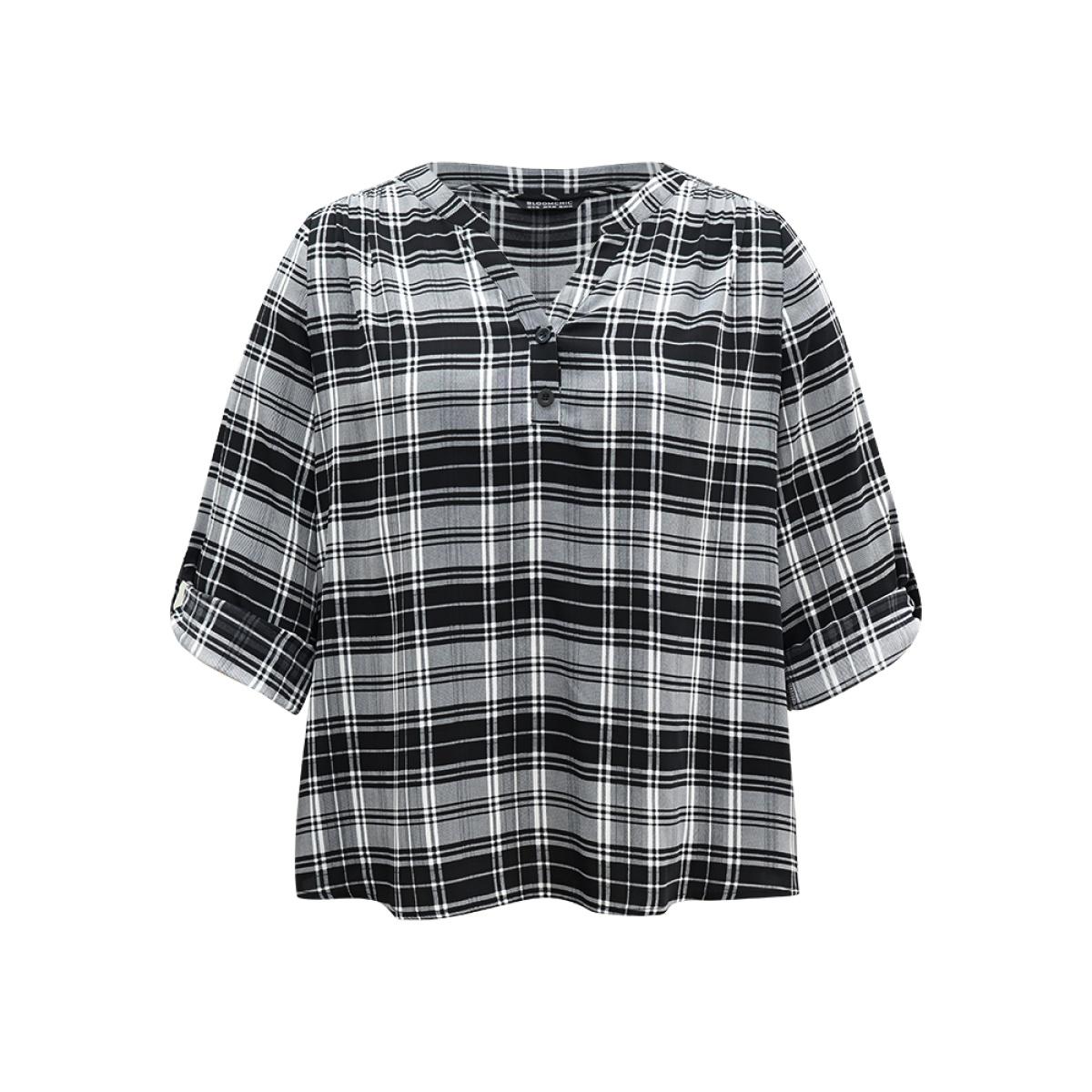 Plus Size Black Plaid Notched Button Up Tab Sleeve Blouse Women Office Elbow-length sleeve Notched collar Work Blouses BloomChic 18-20/2X Product Image