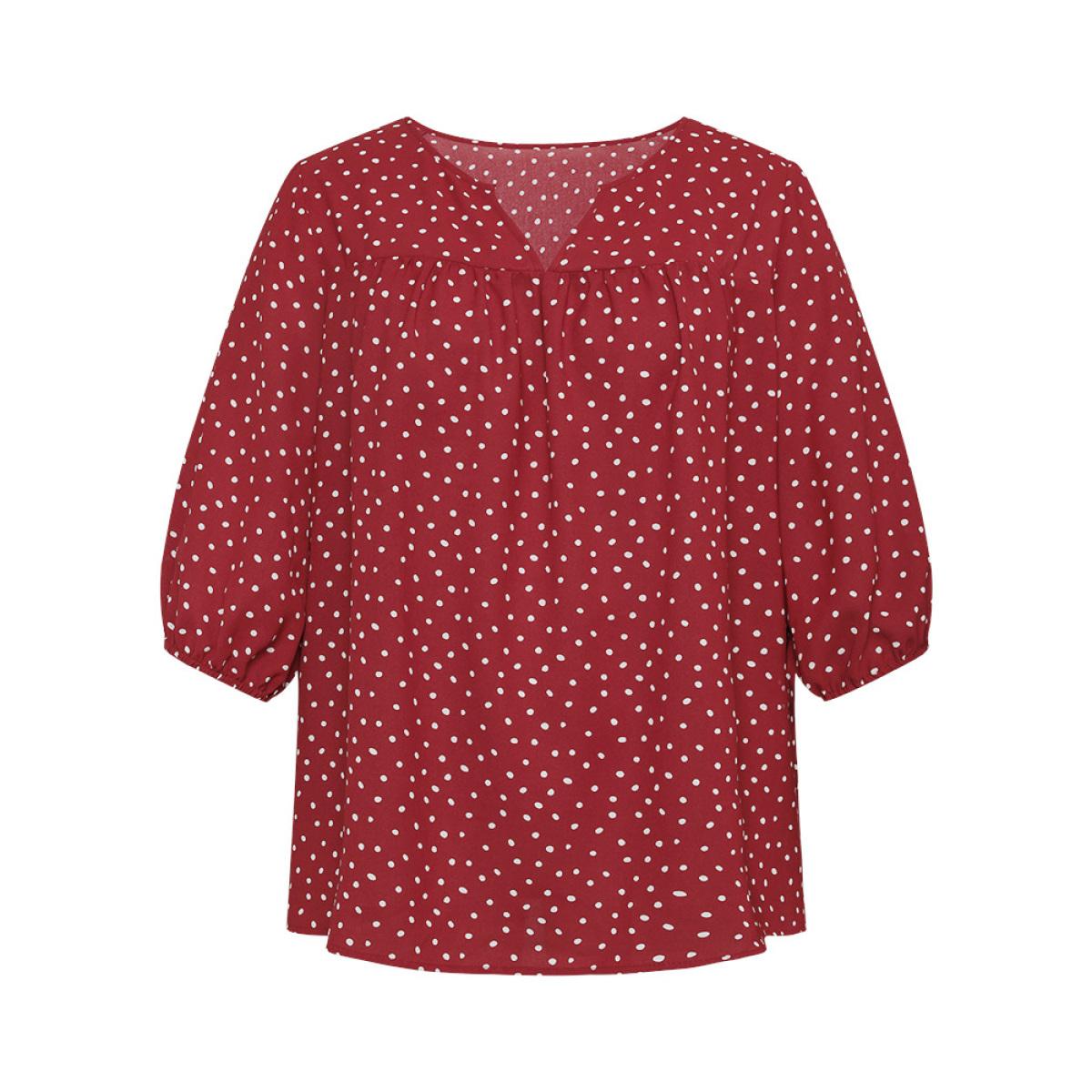 Plus Size Scarlet Polka Dot Notched Plicated Detail Lantern Sleeve Blouse Women Elegant Elbow-length sleeve Notched collar Dailywear Blouses BloomChic 18-20/2X Product Image
