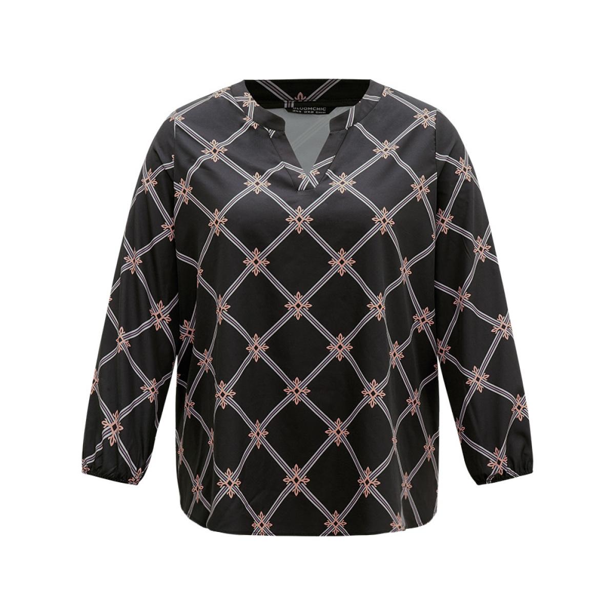 Plus Size BlackFlower Plaid Notched Elastic Cuffs Blouse Women Office Long Sleeve Notched collar Office Blouses BloomChic 18-20/2X Product Image