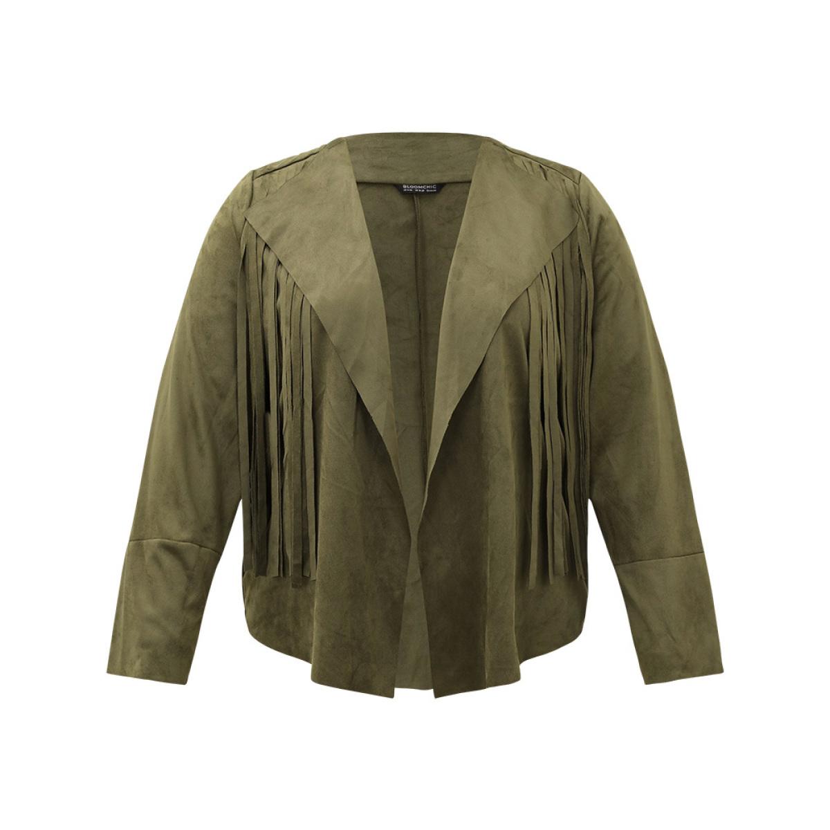 Plus Size Plain Tassel Trim Open Front Jacket Women ArmyGreen Tassels Vacation Jackets BloomChic 10/M Product Image