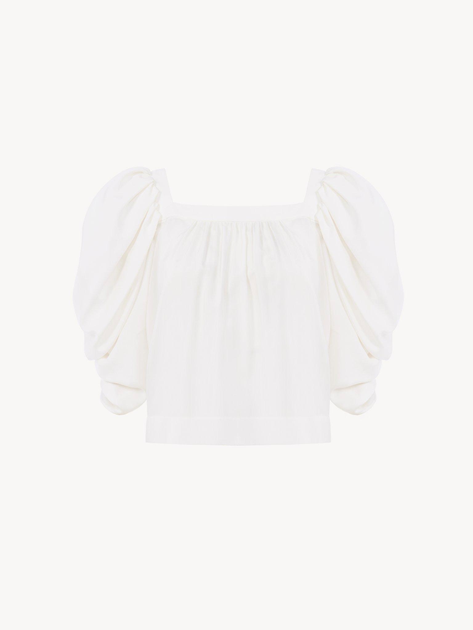 Puff-sleeve pleated top in silk poplin Product Image