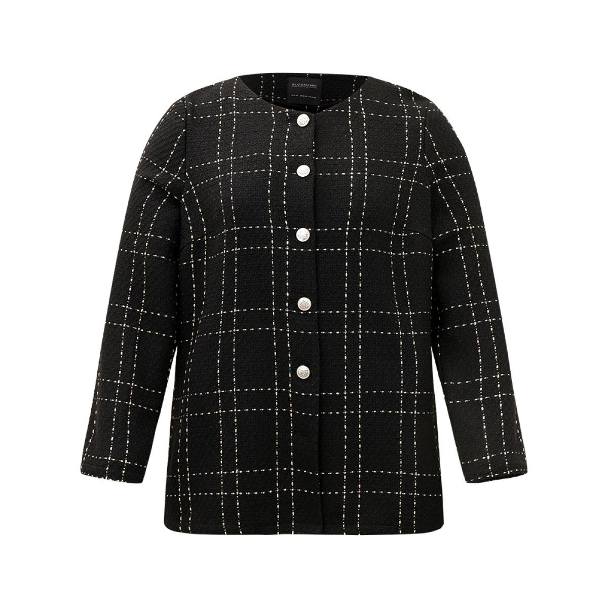 Plus Size Plaid Pattern Button Up Crew Neck Coat Women Black Casual Texture Ladies Dailywear Winter Coats BloomChic 14-16/1X Product Image