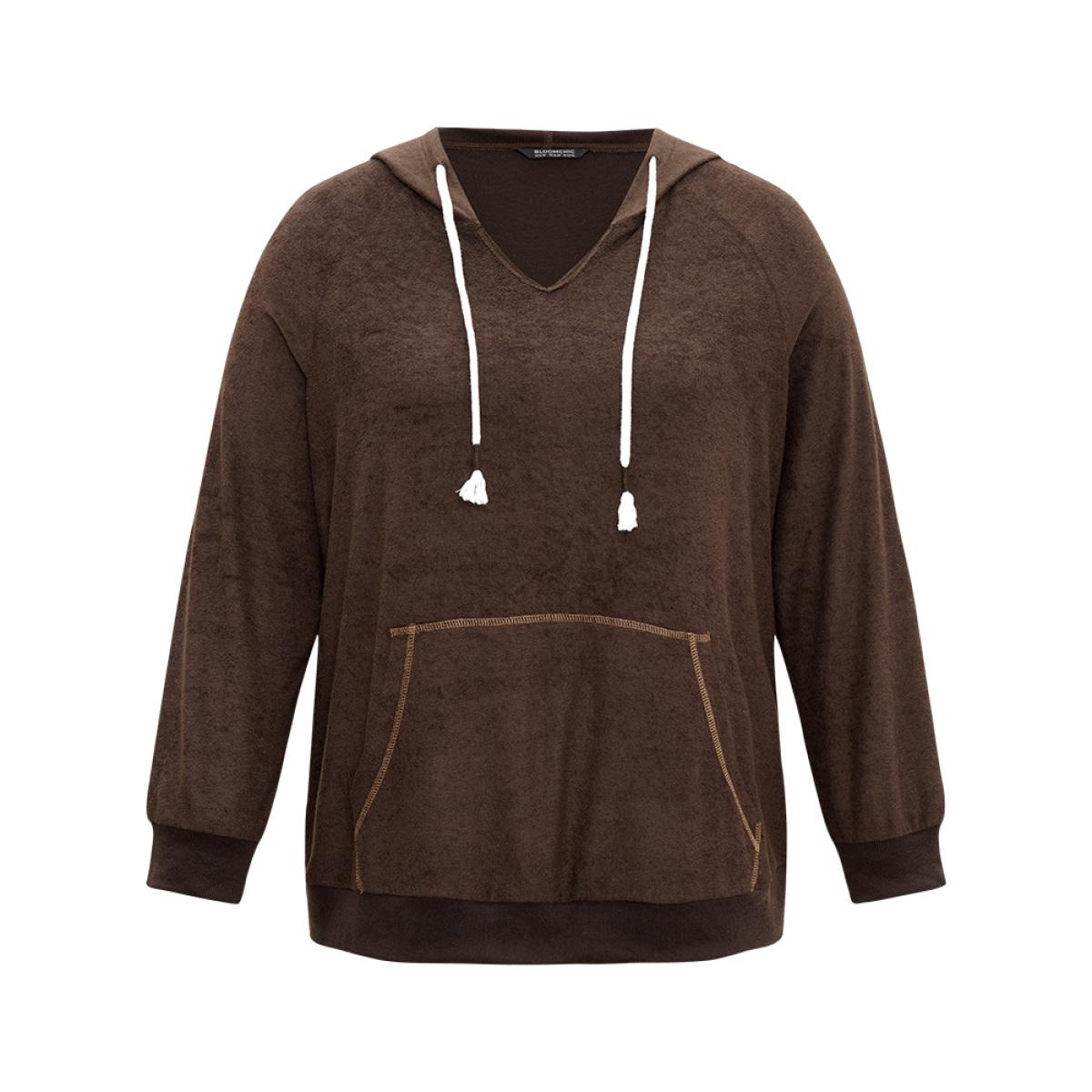 Plus Size Stitch Tassels Drawstring Hooded Sweatshirt Women DarkBrown Casual Elastic cuffs Hooded Dailywear Sweatshirts BloomChic 26/4X Product Image