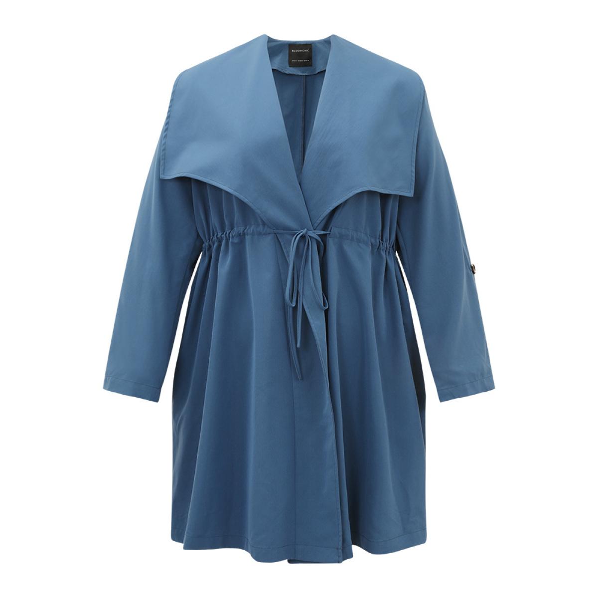 Plus Size Plain Drawstring Pocket Lapel Collar Tab Sleeve Coat Women DarkBlue Office Plain Plain 26/4X Pocket Work From Home Trench Coats BloomChic Product Image