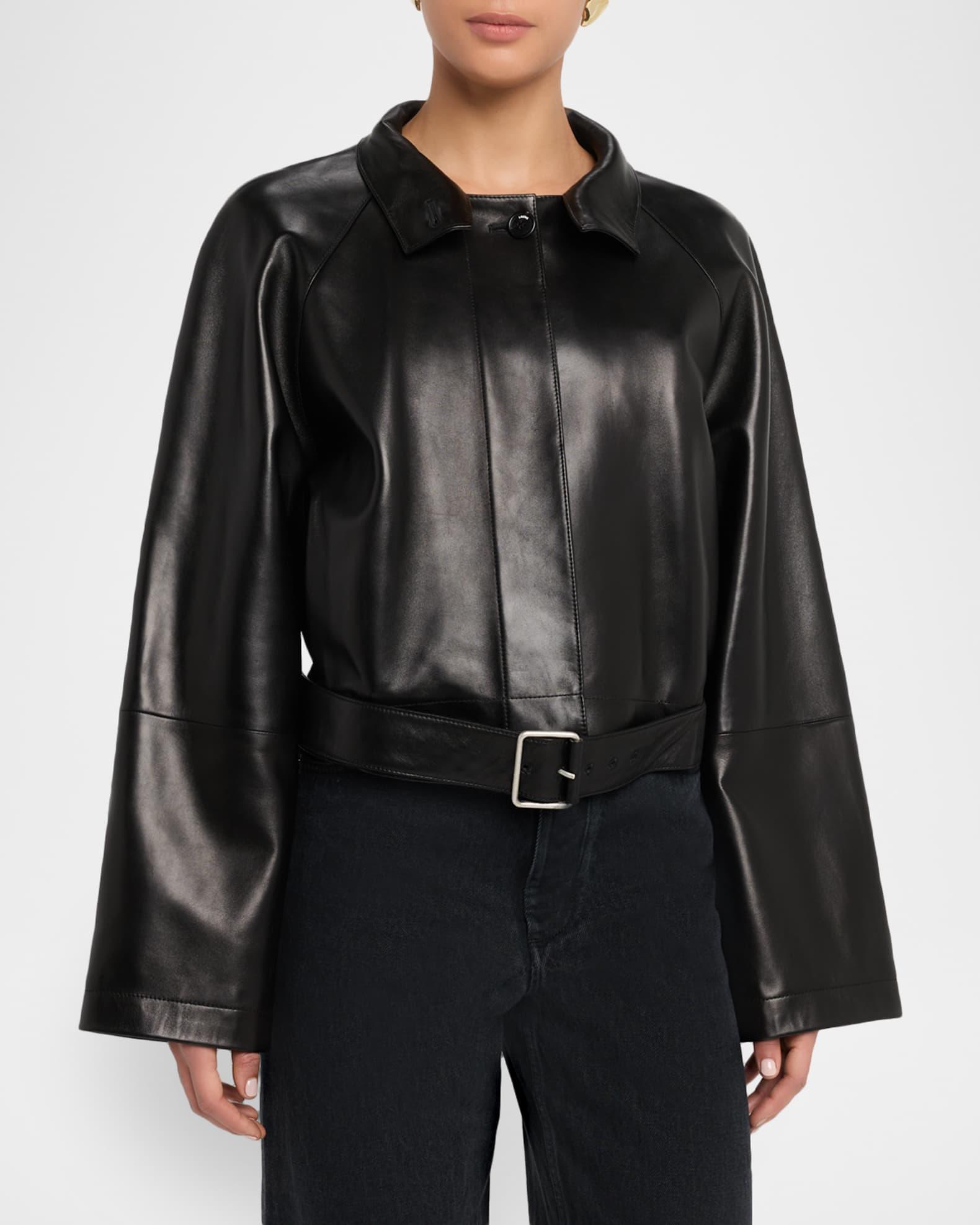 High-Neck Leather Belted Crop Trench Jacket Product Image