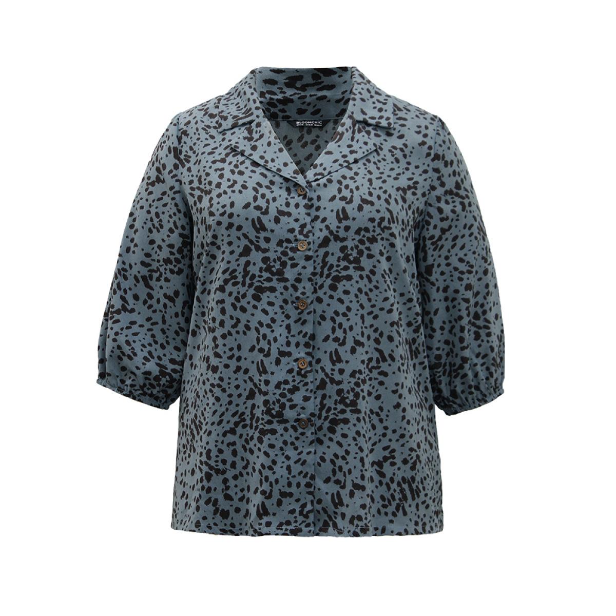 Plus Size Stone Leopard Suit Collar Elastic Cuffs Button Through Blouse Women Office Elbow-length sleeve Suit Collar Office Blouses BloomChic 30/6X Product Image