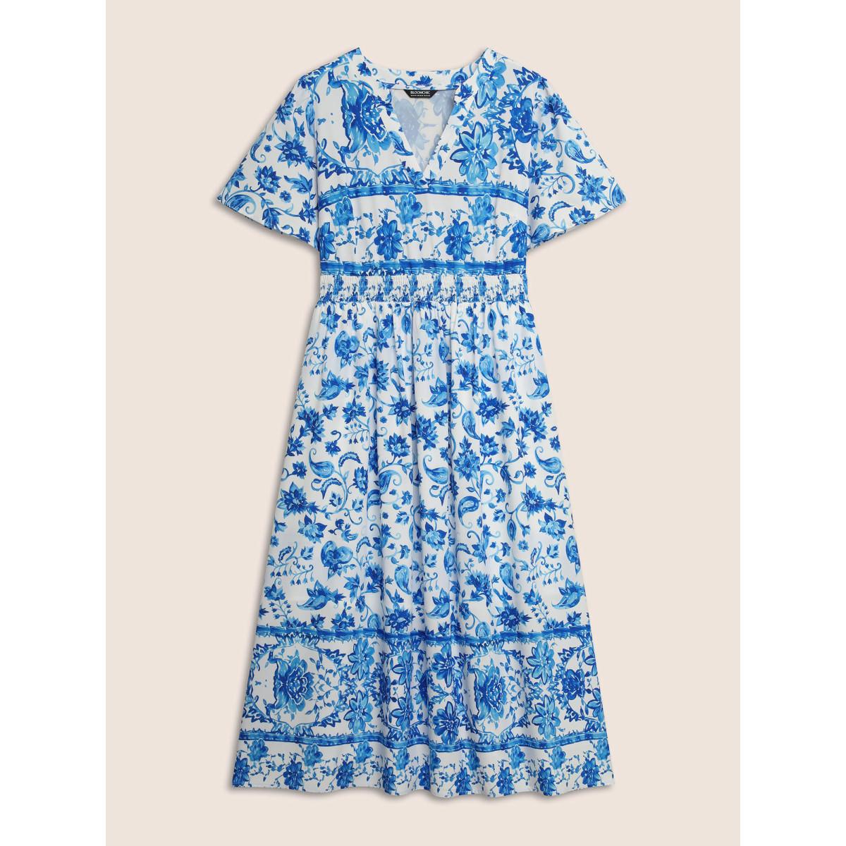 Plus Size Notched Collar Boho Print Shirred Dress Mediumblue Women Elegant Shirred Notched collar Short sleeve Curvy BloomChic 14-16/1X Product Image