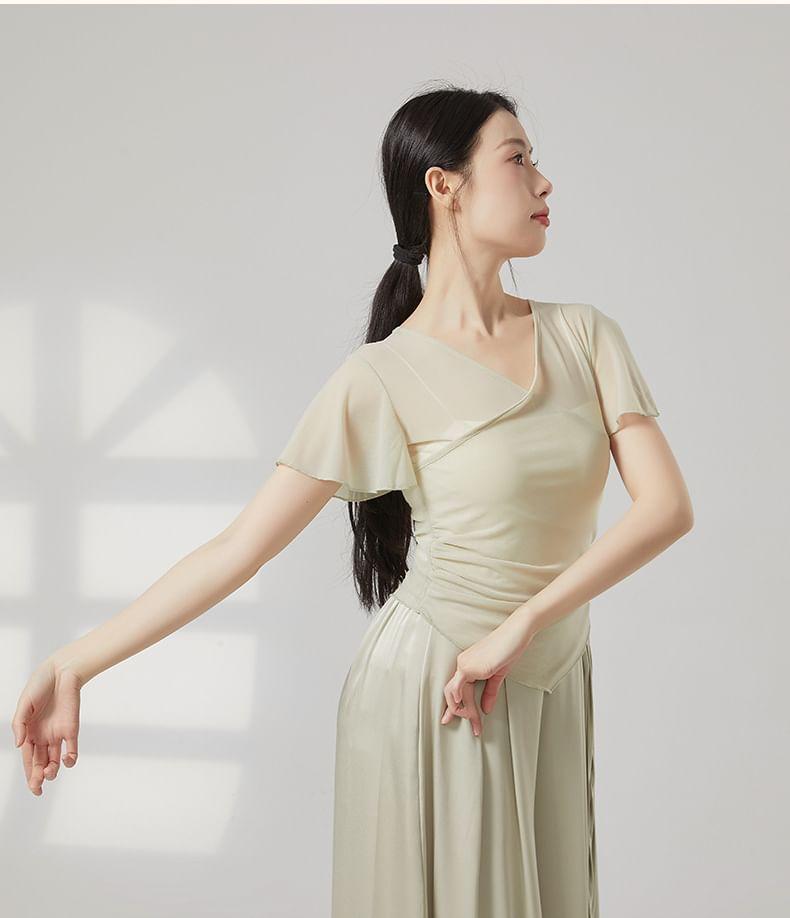 Short-Sleeve V-Neck Plain Asymmetrical Mesh Dance Top Product Image