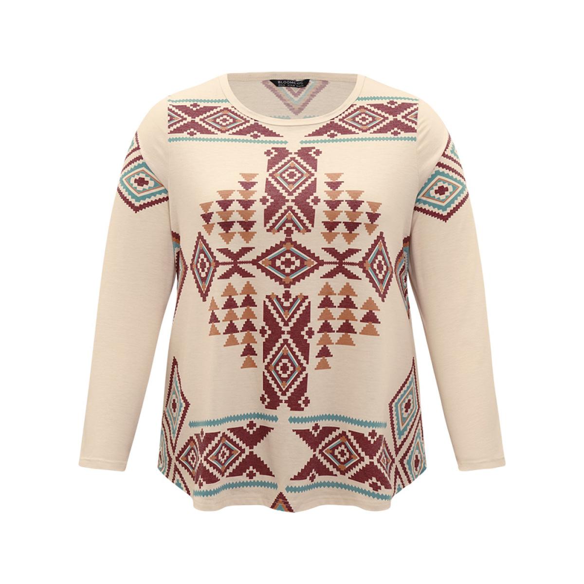 Plus Size Boho Print Crew Neck Curved Hem T-shirt Apricot Women Casual Printed Bohemian Print Round Neck Dailywear T-shirts BloomChic 14-16/1X Product Image