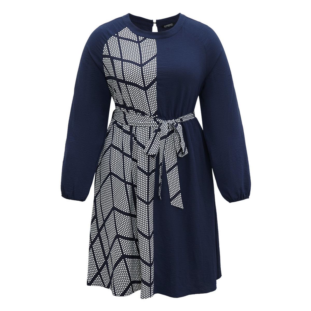 Plus Size Polka Dot Geometric Patchwork Belted Dress Navy Women At the Office Elastic cuffs Round Neck Long Sleeve Curvy Midi Dress BloomChic 22-24/3X Product Image