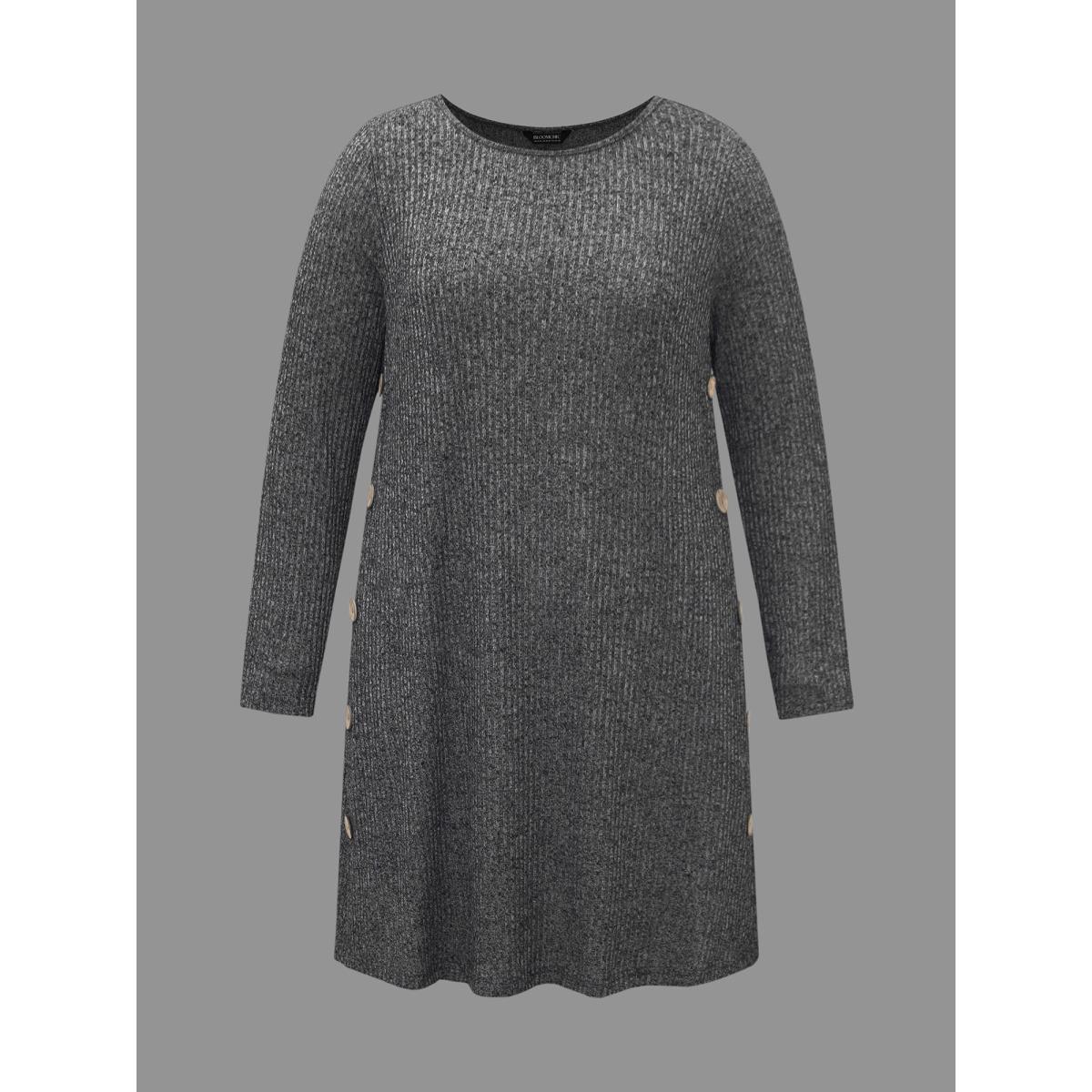 Plus Size Crew Neck HeatherRibbed Knit Dress DimGray Women Leisure Button Knit Dresses Bloomchic 28/5X Product Image