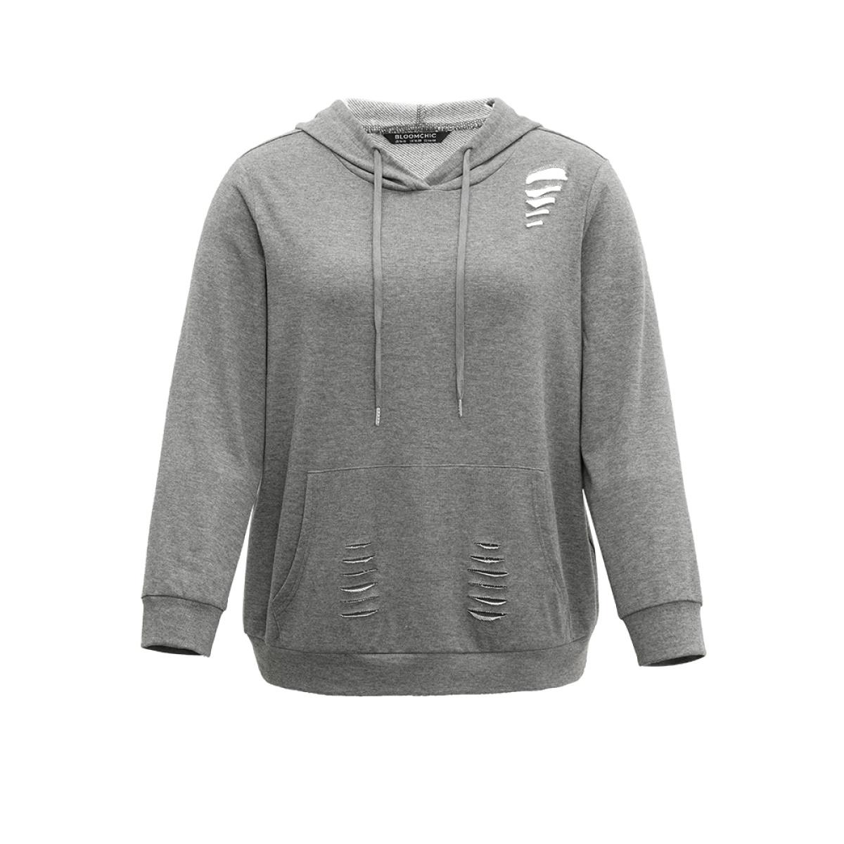 Plus Size Plain Distressed Hooded Drawstring Sweatshirt Women DimGray Casual Elastic cuffs Hooded Dailywear Sweatshirts BloomChic 30/6X Product Image
