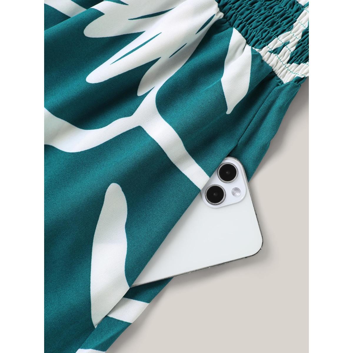 Plus Size Large Flower Print Shirred Waist Midi Dress Teal Women V-neck Short sleeve Curvy BloomChic 14-16/1X Product Image