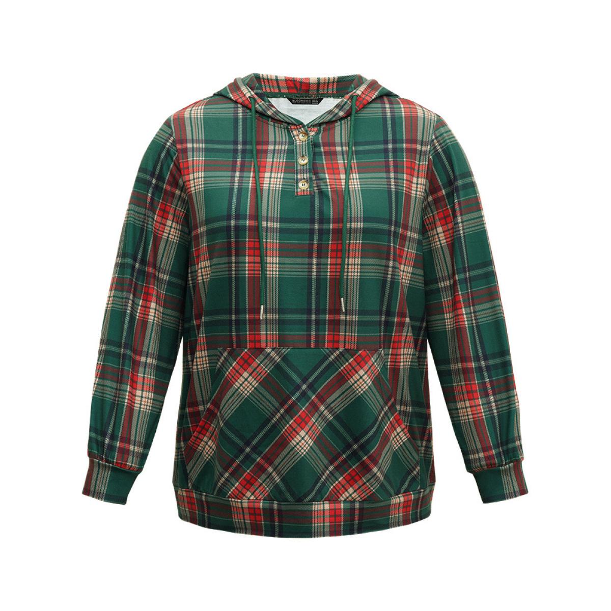 Plus Size Contrast Plaid Button Up Kangaroo Pocket Sweatshirt Women DarkGreen Casual Button Hooded Dailywear Sweatshirts BloomChic 14-16/1X Product Image
